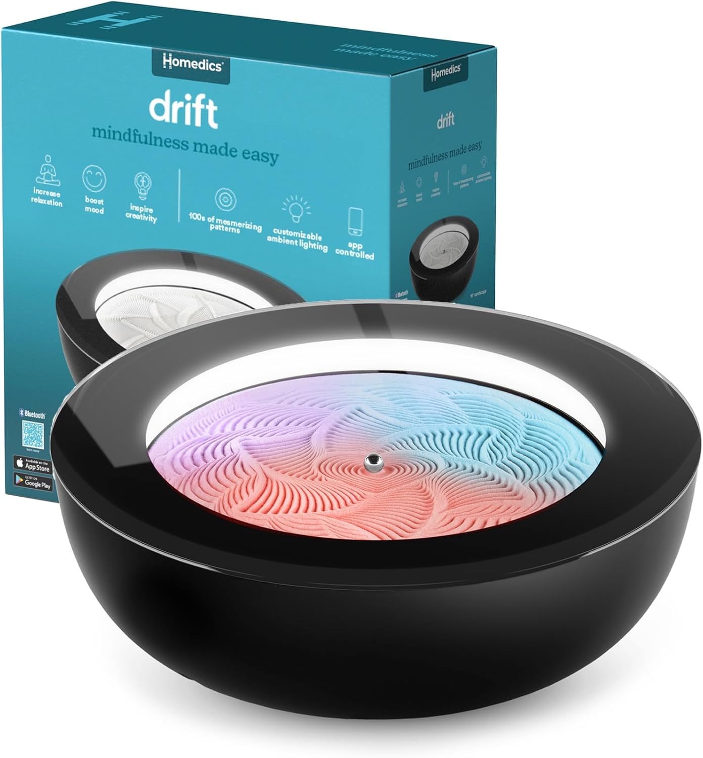 Homedics Drift Sandscape, Perpetual Motion Machine, Zen Garden, Meditation Accessories, Decorative Sandscape, Bluetooth, iOS, Android 16 Inch (Medium), Black