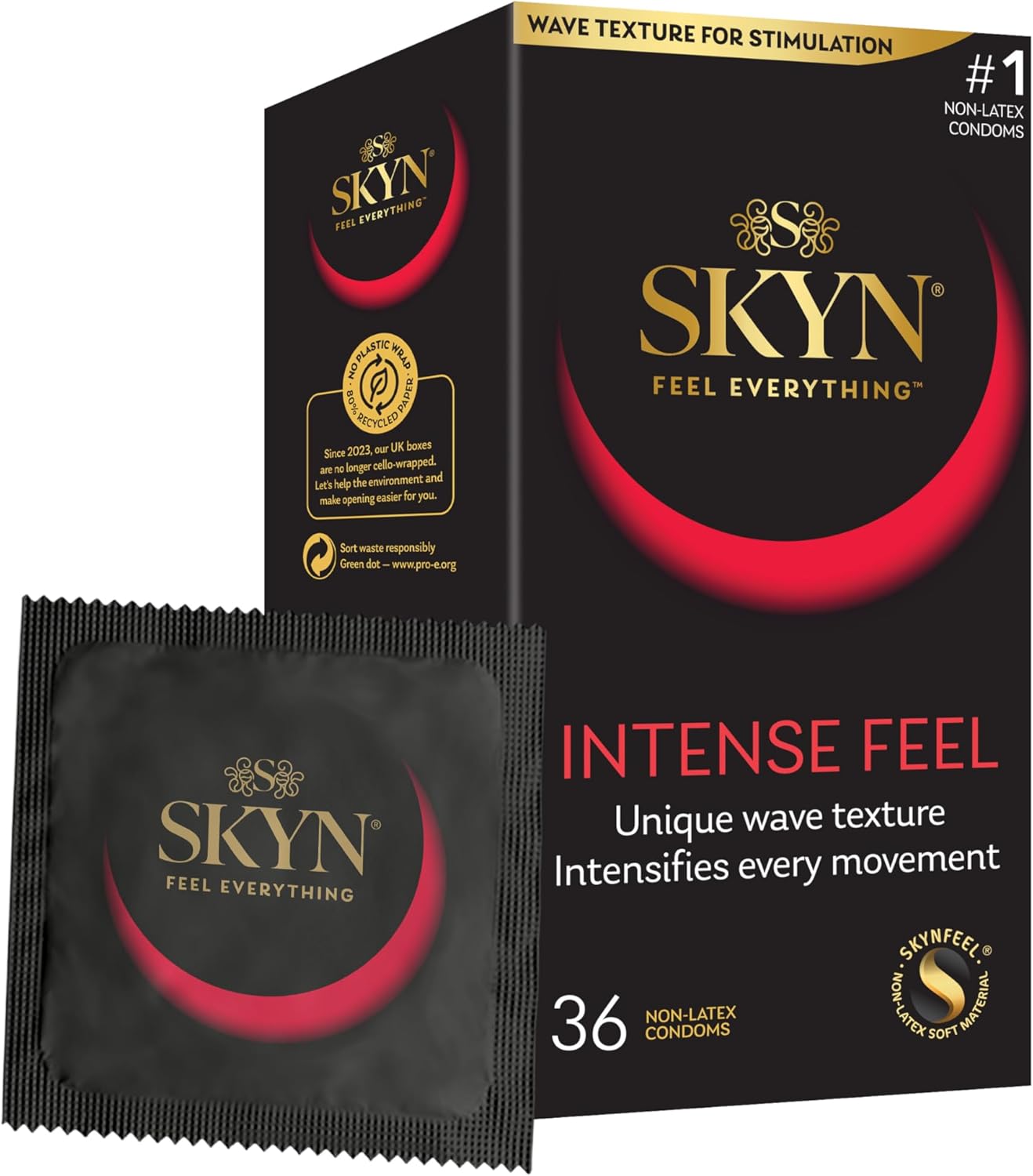SKYN Intense Feel Condoms Pack of 36 / Skynfeel Latex Free Condoms for Men, Regular Size, Thin, Ribbed and Dotted Straight Shape, 53mm Wide