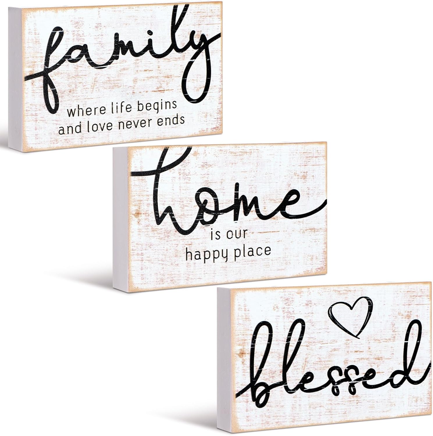 Jetec 3 Pcs Family Home Blessed Rustic Wood Sign Mini Wood Decorative Farmhouse Woodworks Table Shelves Decorations Sign for Bedroom Kitchen Living Room Table Decor(Retro Color,4.25 x 2.76 x 0.59 in)