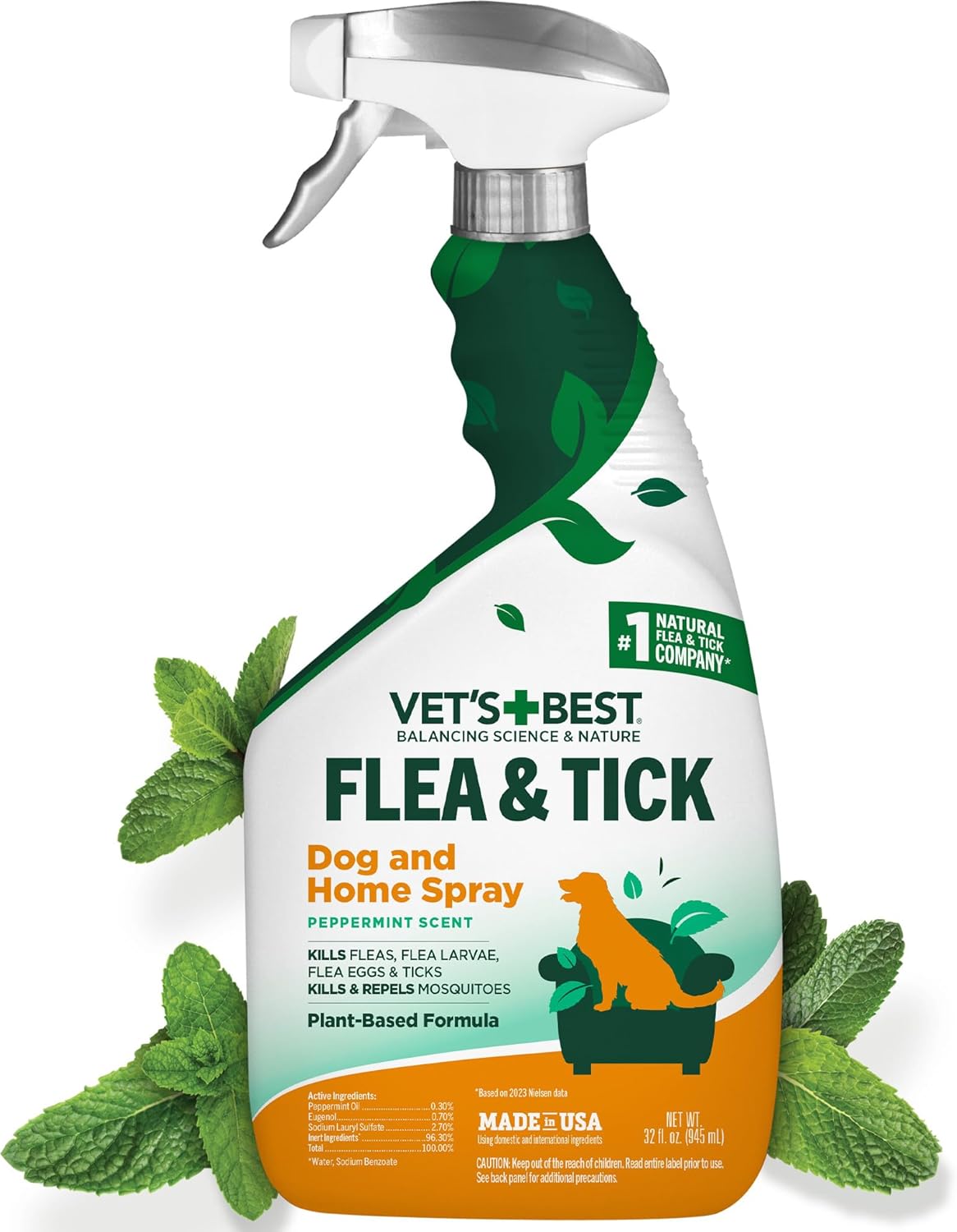 Vet’s Best Natural Indoor Flea and Tick Spray – Dog Flea and Tick Treatment for Home, Plant-Based Formula with Natural Oils, Kills Fleas, Eggs & Ticks on Contact, Made in USA, 32 oz