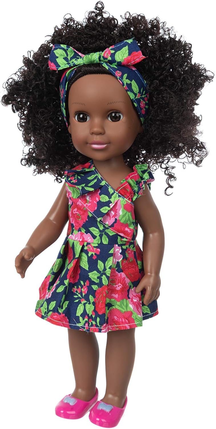 Black Doll and 14.5 Inch Baby Girl Doll Clothes Set Gift for Girl - African Realstic Silicone Dolls with Rose Skirt Dress and Shoes