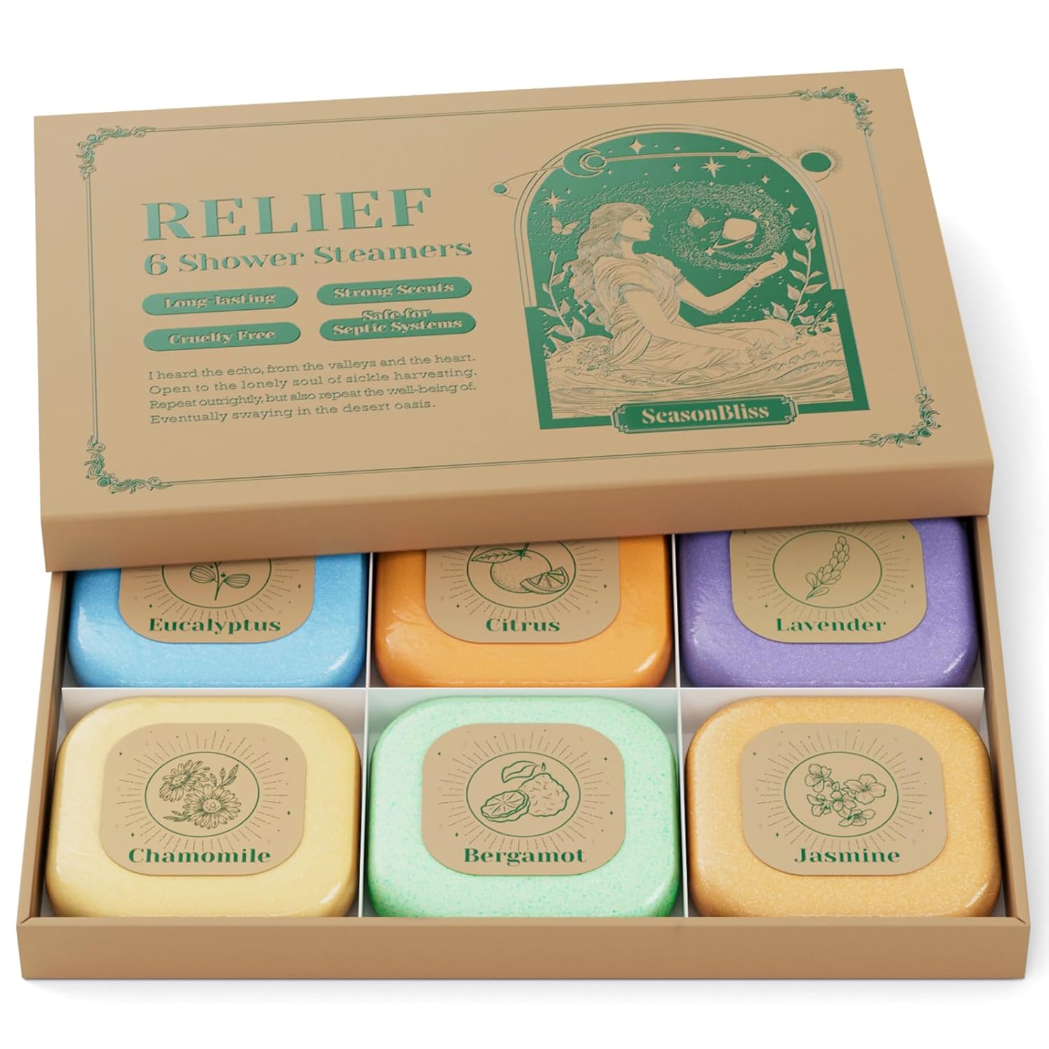 Shower Steamers, 6 Pack Set Shower Bombs Tablets in Presents Box with 6 Fragrances with Shea Butter for Self-Care & Relaxation, Personal Care and Birthday Presents