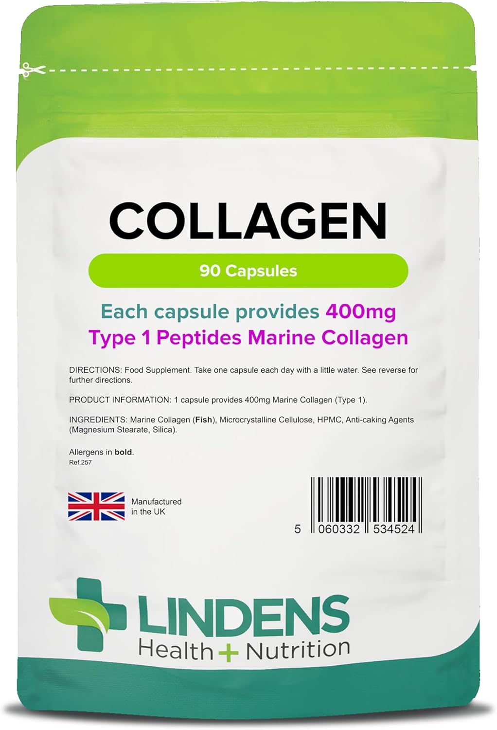 Lindens - Collagen 400mg - 90 Capsules - One-A-Day - UK Made - Marine Source Hydrolysed Collagen - Supports Bones, Cartilage, Ligaments, Tendons and Connective Tissues - Letterbox Friendly