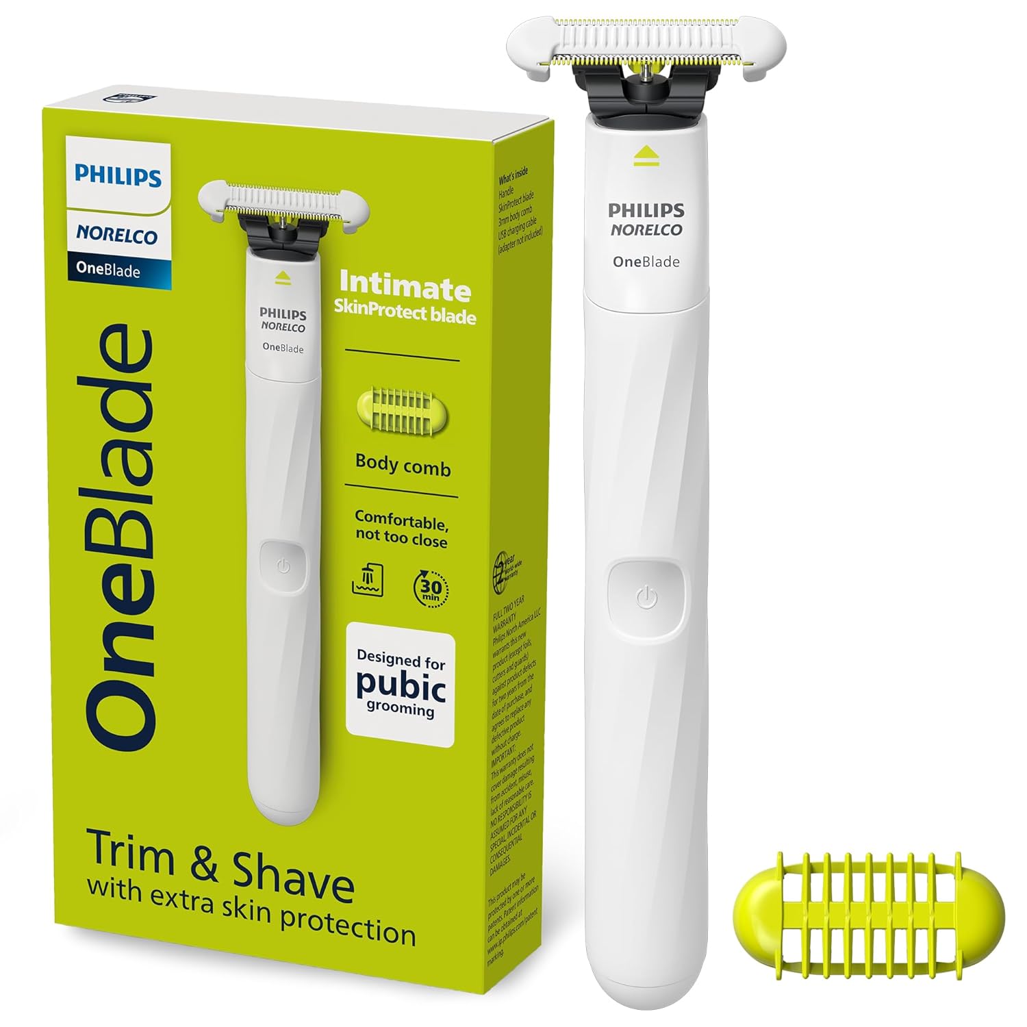 Philips Norelco OneBlade Intimate, Designed for Pubic Grooming, Trim & Shave with Extra Skin Protection, Waterproof, Model QP1924/70