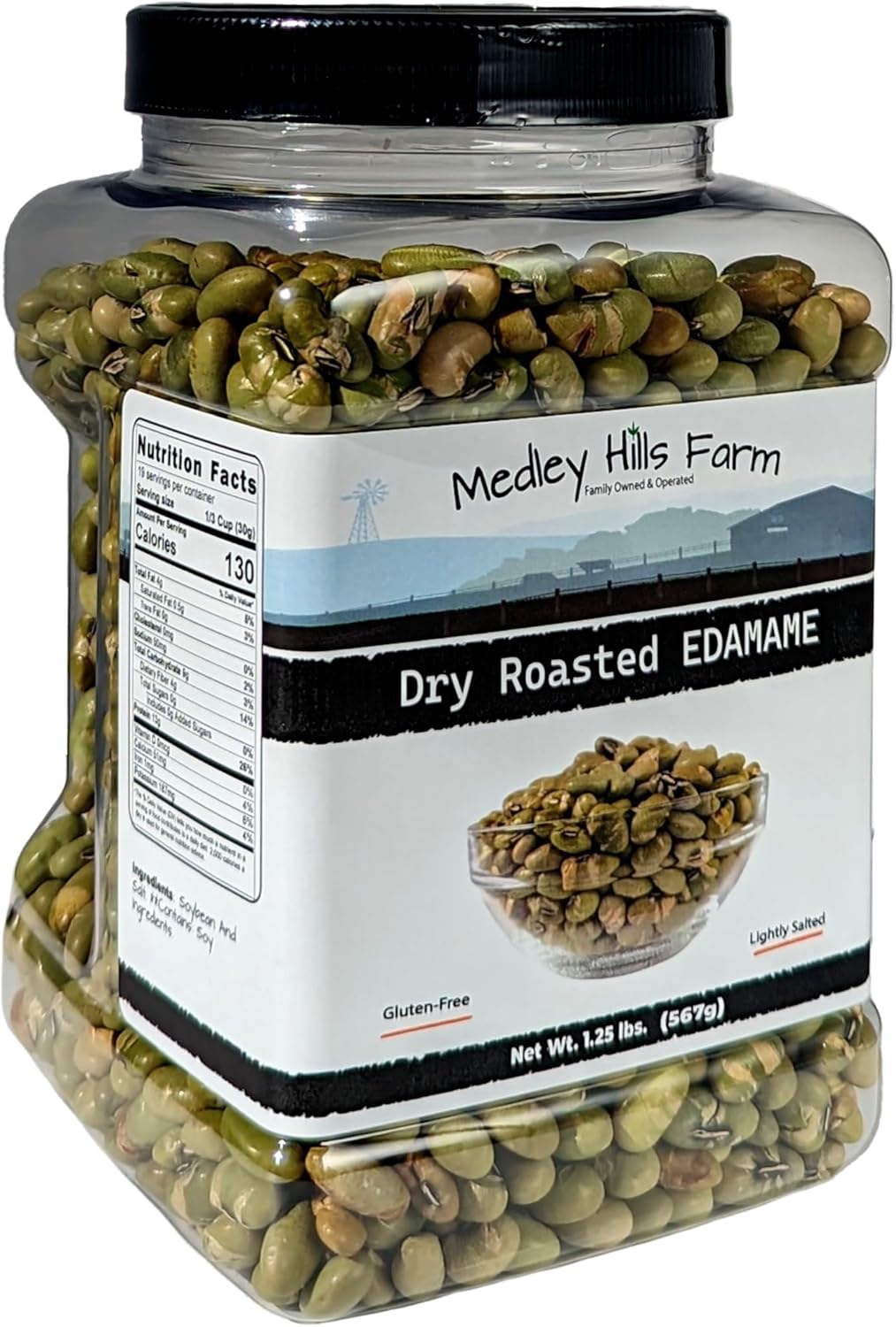 Medley Hills Farm Dry Roasted Edamame 1.5 lb. in Reusable Container - Edamame Dry Roasted and Lightly Salted - Healthy Nutritional Snacks - Crispy Dry Roasted