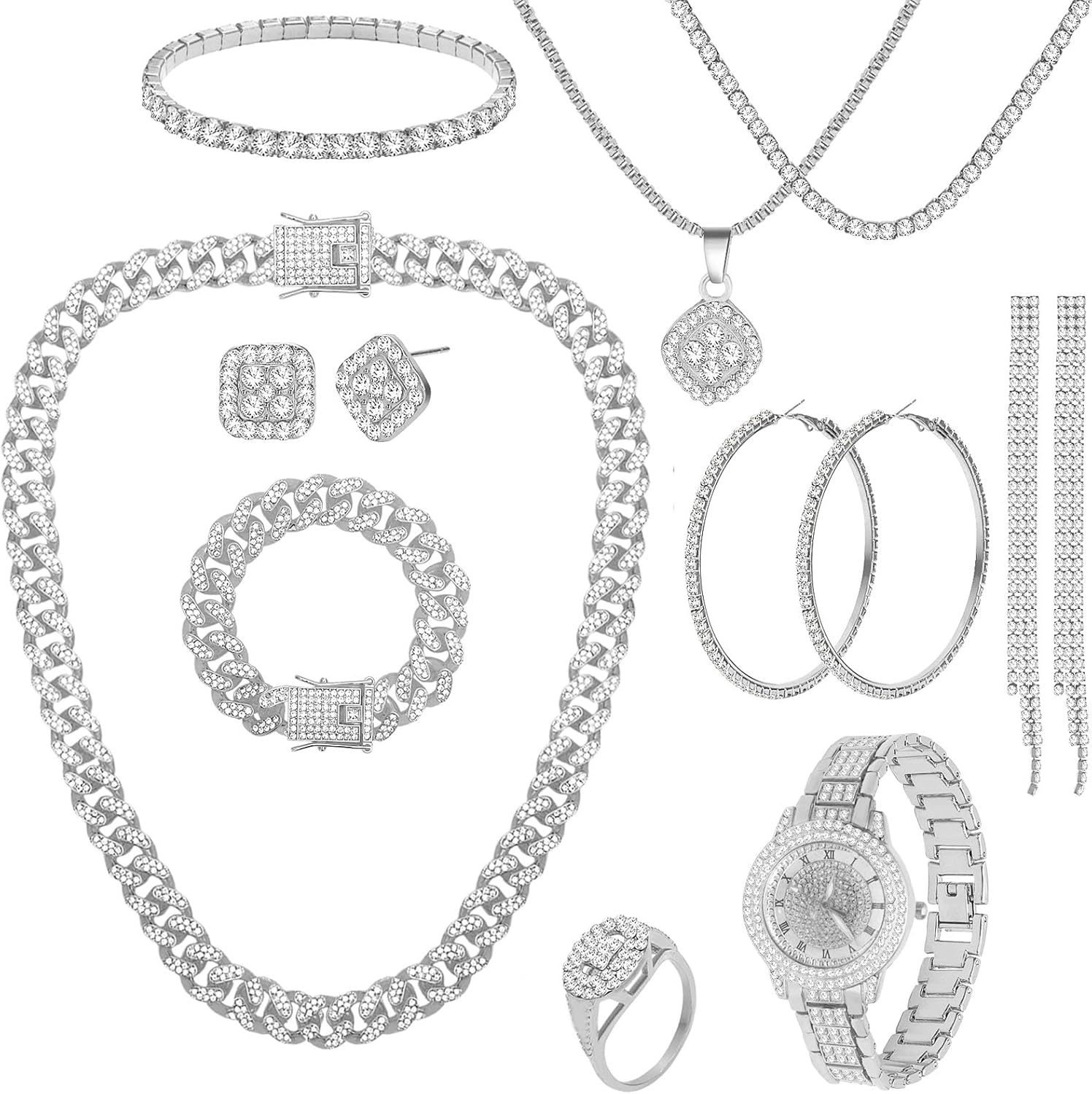 NEWITIN 13 Pieces Silver Jewelry Set for Women Stainless Steel Cuban Link Necklaces Bracelets Earrings Watch Ring Bling Cubic Zirconia Cuban Jewelry Set for Women Men