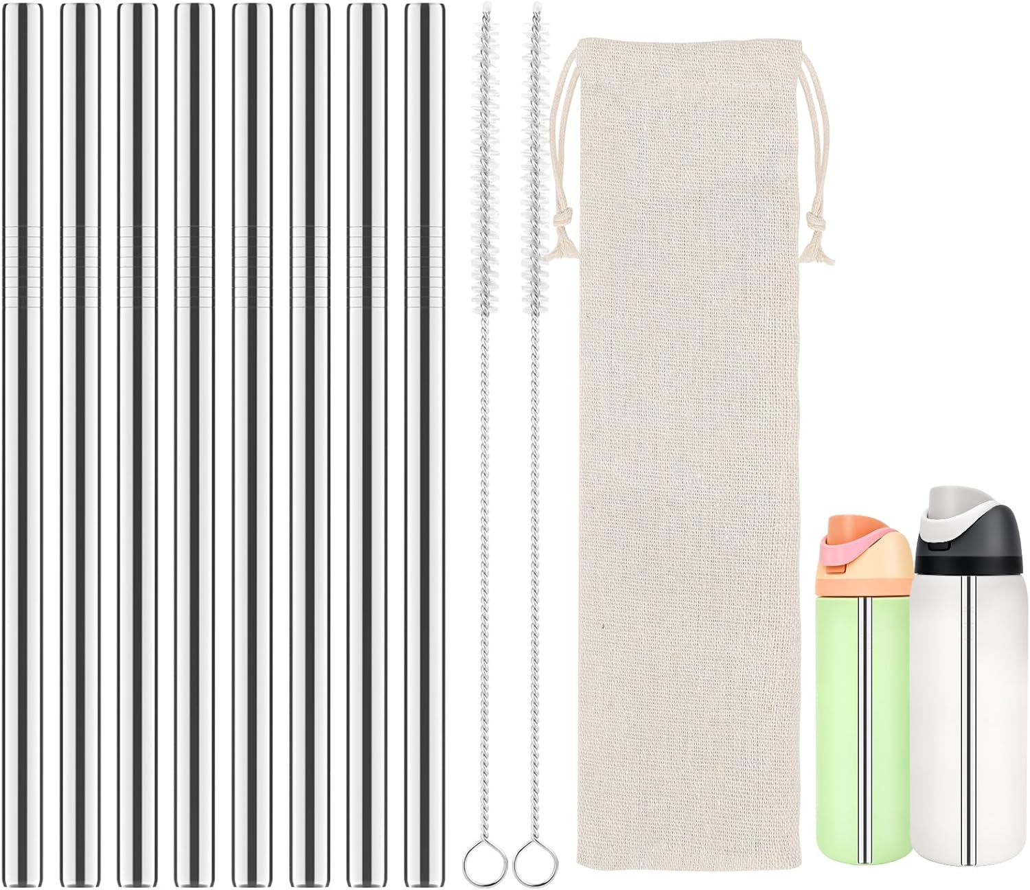 Metal Straws for Owala Freesip Water Bottle 24oz/32oz, 8Pcs 21cm Replacement Reusable Stainless Steel Straw with 2Pcs Cleaning Brush and 1 Travel Pouch, Accessories Compatible with Owala 710ml/945ml