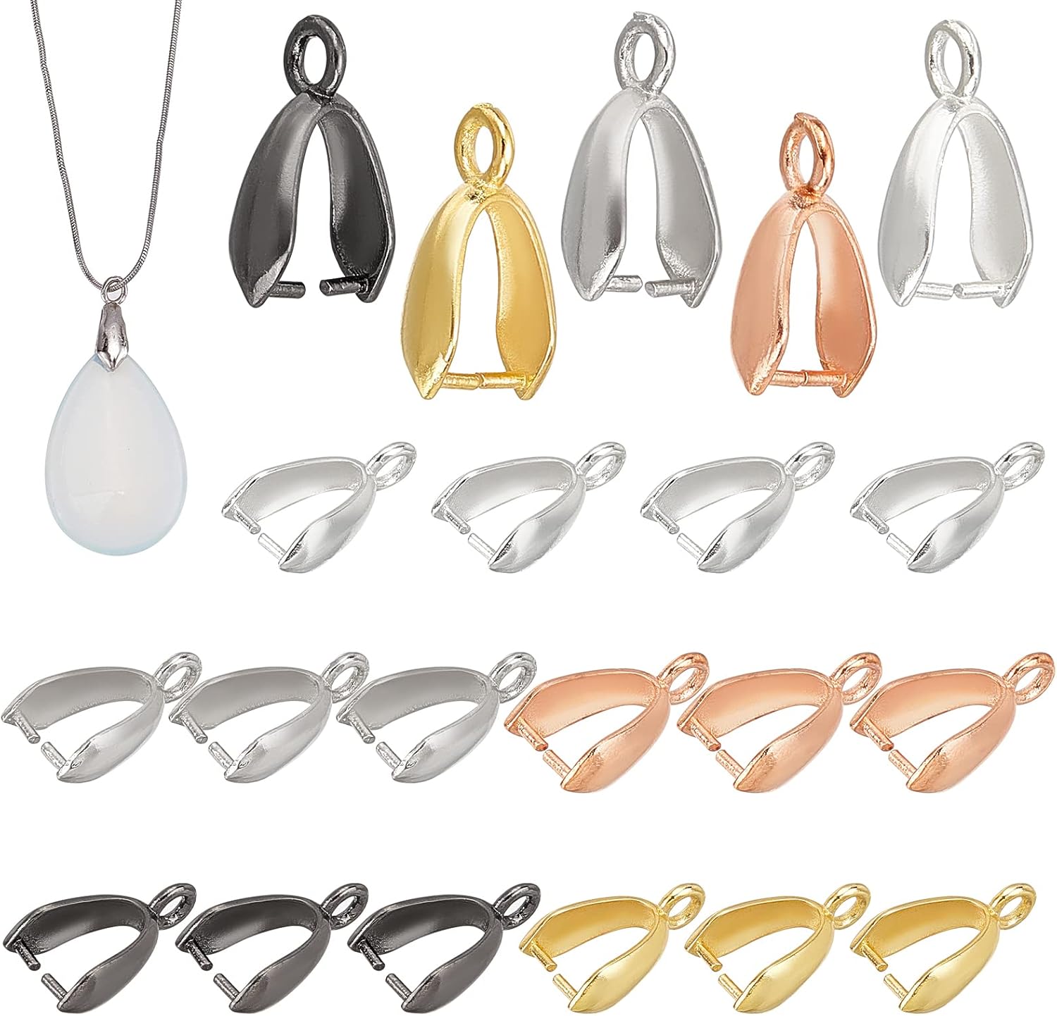 PH PandaHall About 100 Pieces Brass Pinch Clip Bail Clasp Dangle Charm Bead Pendant Connector Findings 14x7x5mm for Jewelry Making 5 Colors