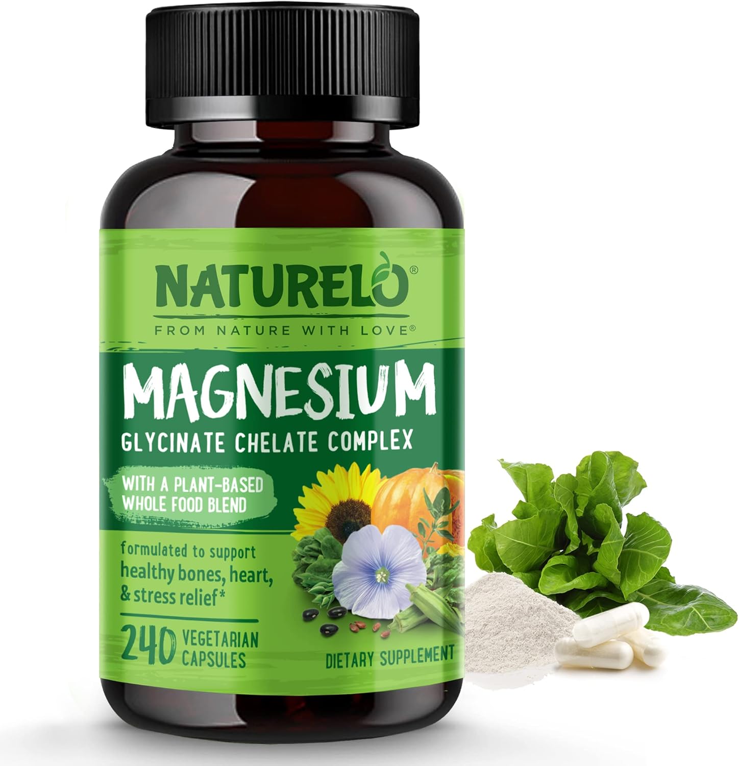NATURELO Magnesium Glycinate Chelate Complex - 200 mg Magnesium with Organic Vegetables to Support Sleep, Calm, Muscle Cramp & Stress Relief - Gluten Free, Non GMO - 240 Capsules