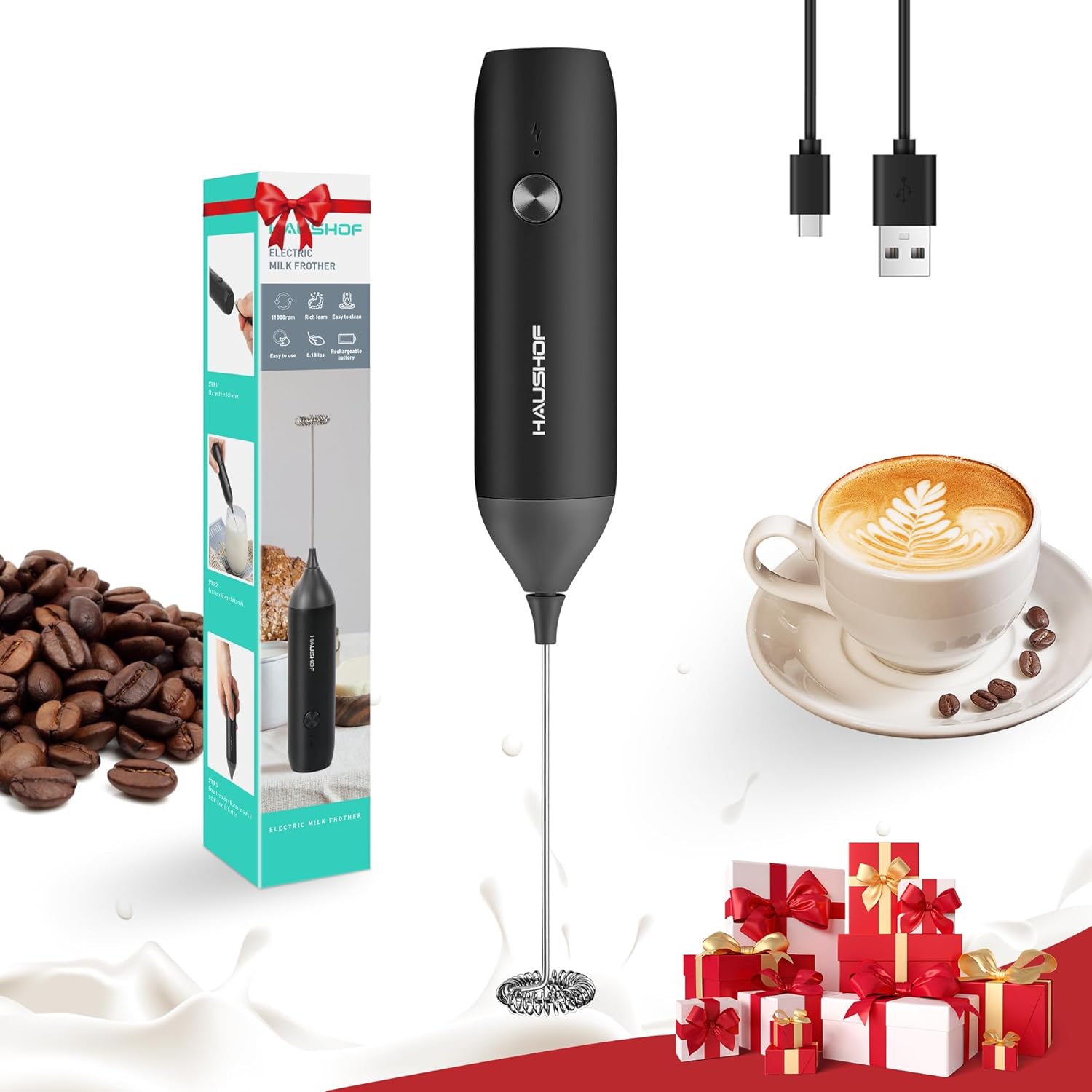 HAUSHOF Powerful Rechargeable Milk Frother Wand, Handheld Electric Foam Maker, Drink Mixer with Detachable Stainless Steel Whisk for Coffee Latte, Cappuccino, Matcha, No Stand, Black