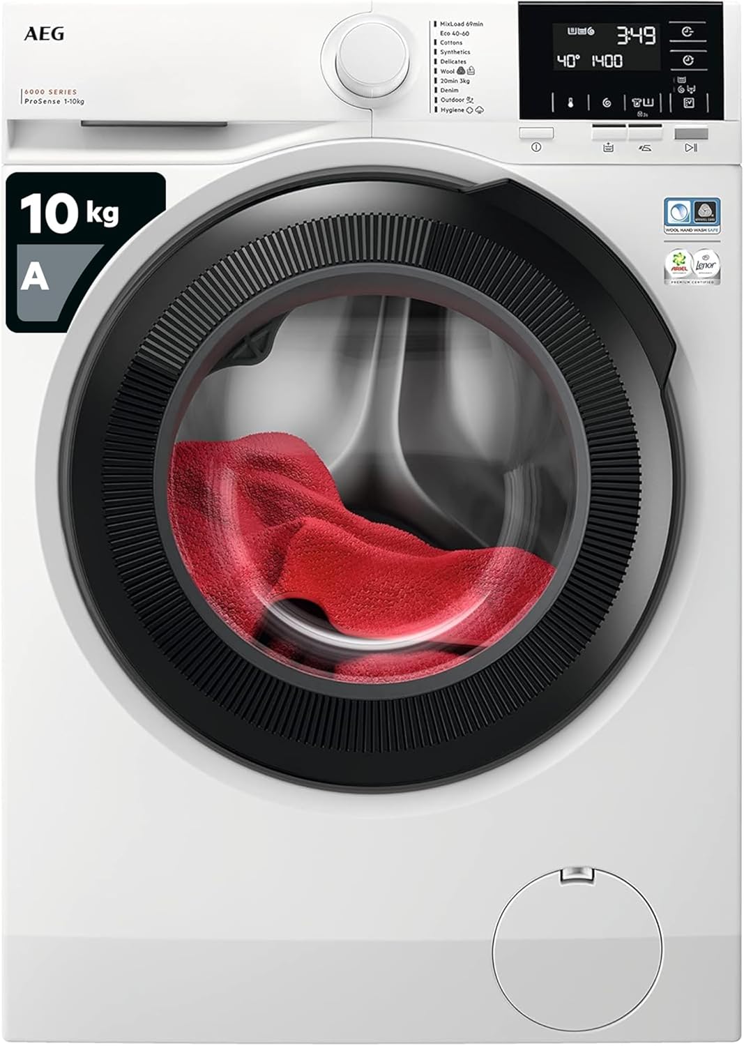 AEG 6000 Series Freestanding Washing Machine LFR61144B, 10Kg, 1400rpm, ProSense Technology, Reduces Energy & Water, TimeSave to Adjust Laundry Cycles, Hygiene Programme, 847x597x660mm, Class A, White