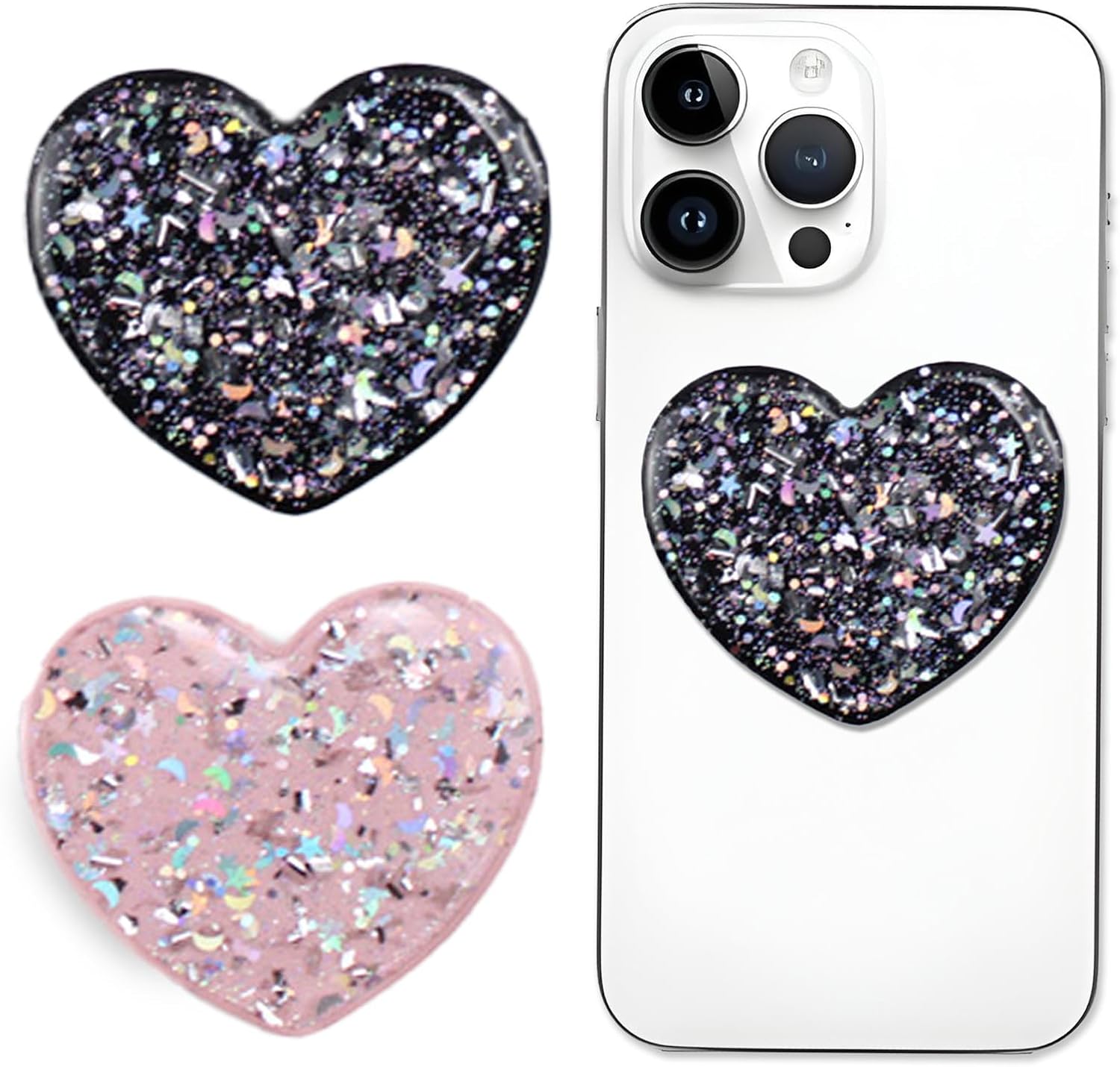 Set of 2 Universal Heart-Shaped Phone Grip Holder with Stand,Finger Grip with Kickstand - Compatible with Smartphones, Mobiles & Cases (Pink&Black)