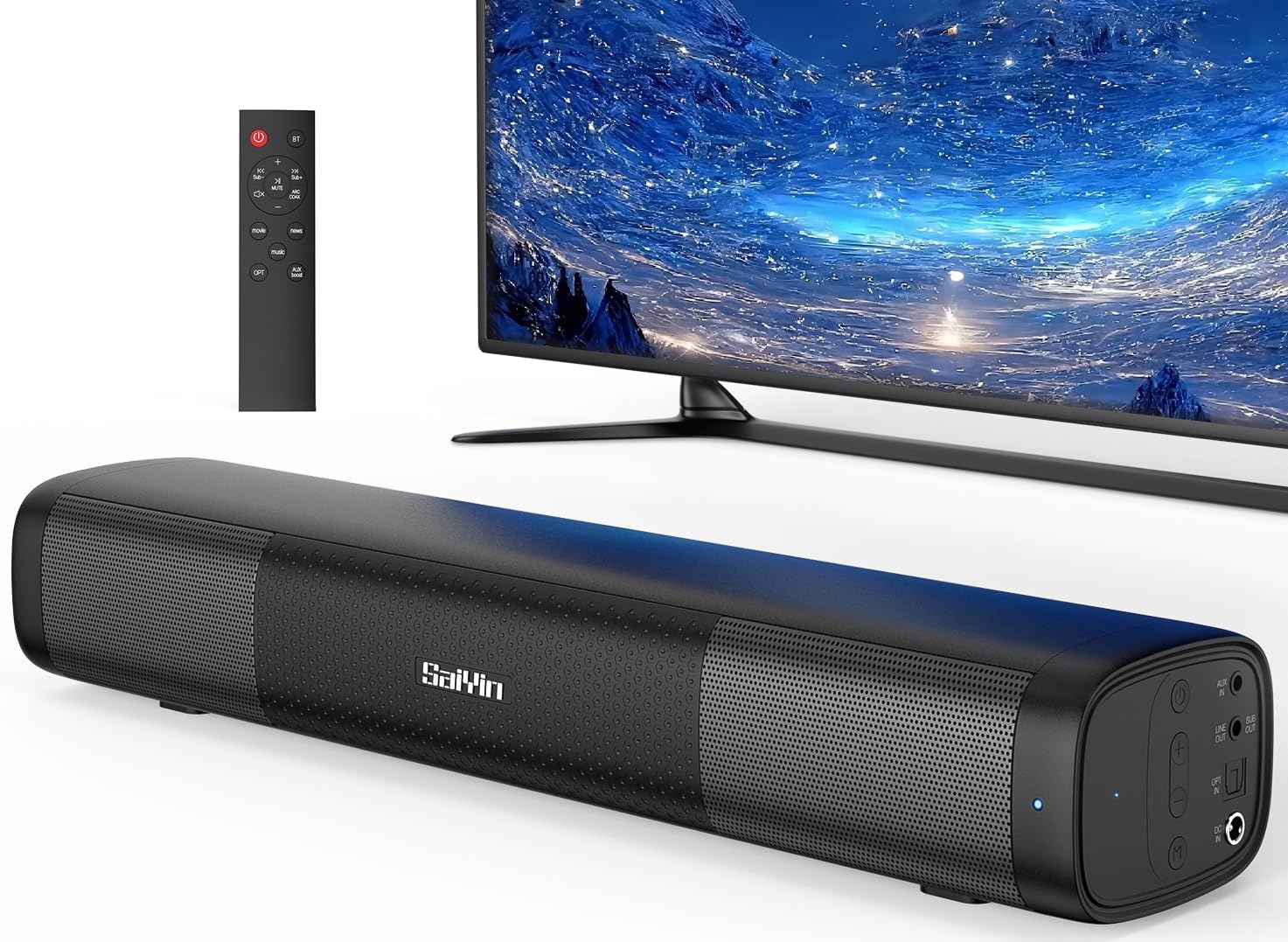 Saiyin 15.2 Inch Compact Sound Bar for Smart TV, 50W Soundbar for TV with Bluetooth5.3, Opt & AUX, Easy Setup & Wall Mountable, Perfect tv Sound bar for PC and Small Spaces Like Bedrooms