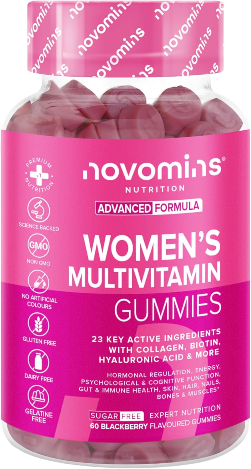 Multivitamin Gummies for Women - Marine Collagen, Hyaluronic Acid, Folic Acid - 23 Vitamins, Minerals & Probiotics for Women - Vitamin D, A, C, B, Biotin & Zinc – 60 Vitamin Gummies - Vegan - Novomins