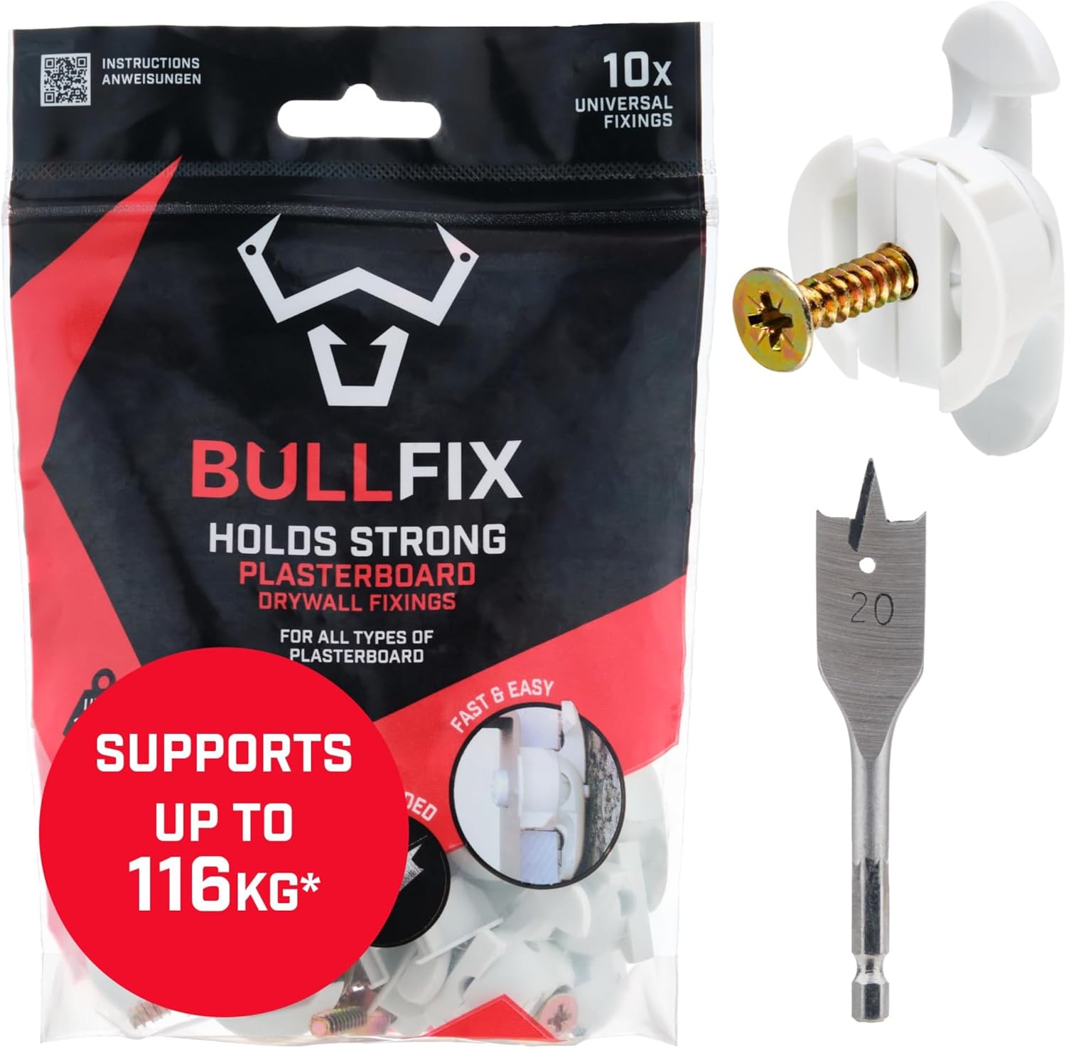 Bullfix Universal Plasterboard Fixings Heavy Duty Starter 10 Pack, Drywall Anchor, Plasterboard Wall Plug Alternative for Dot & Dab, Stud & Hollow Cavity Wall Anchor Kit with Screws
