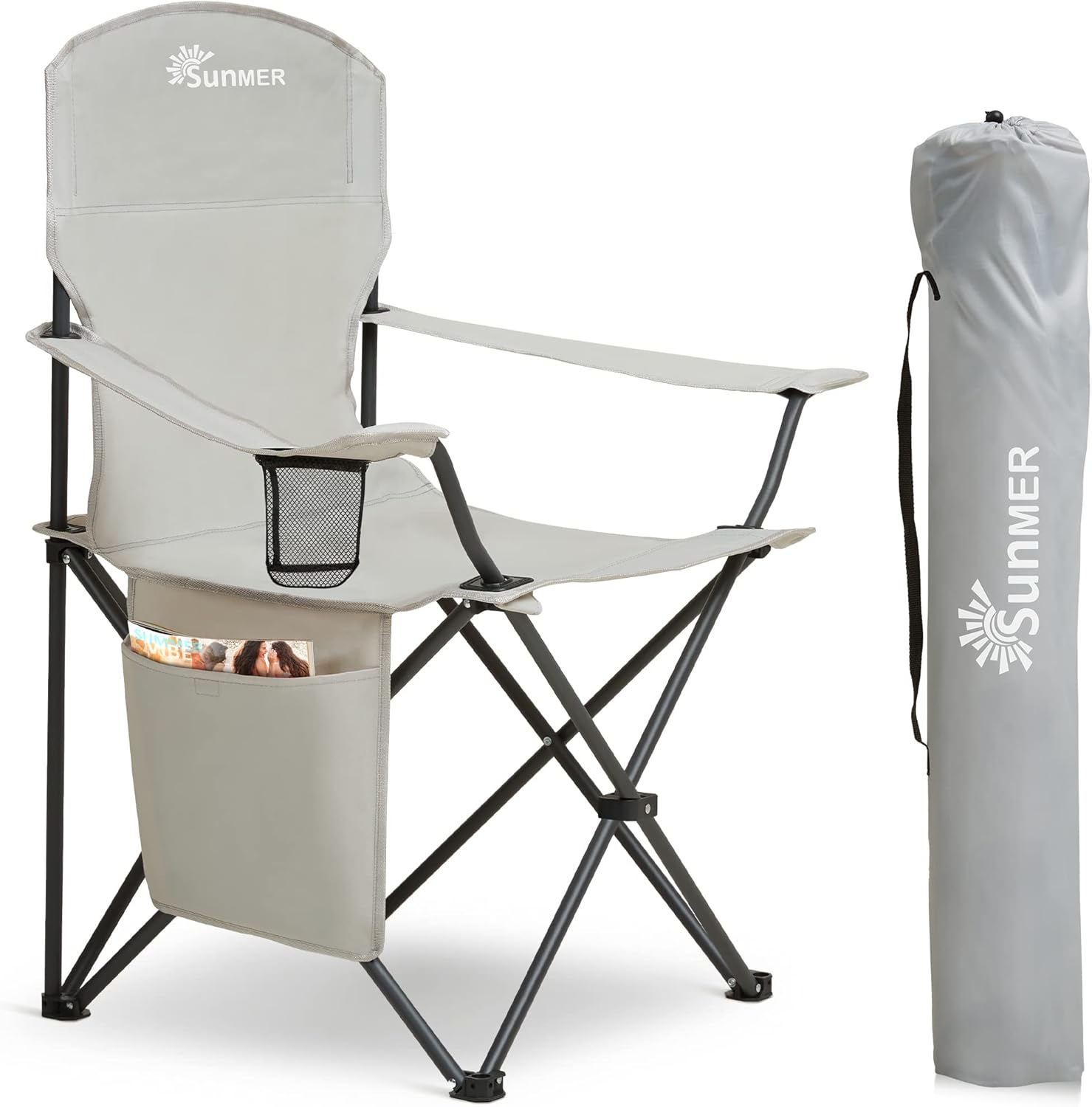 SUNMER Folding Camping Chairs, Extra Wide Lightweight Outdoor Chairs with Armrests and Cup Holder, 120 kg Capacity - Light Grey