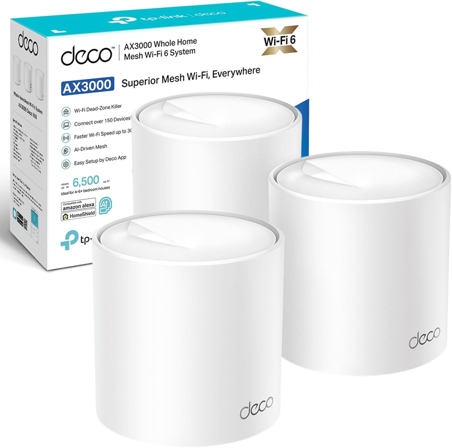 TP-Link Deco X50(3-pack) AX3000Mbps Mesh WiFi 6 System, AI-Driven, Coverage up to 6500ft², Seamless Roaming WiFi Mesh System, Gaming & 4K, Easy Setup, Alexa & Google Home, TP-Link HomeShield