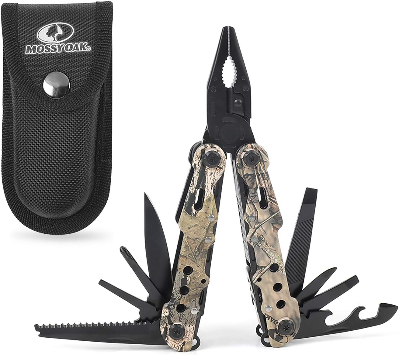 MOSSY OAK Multitool, 13-in-1 Folding Multi Tool Plier with Nylon Sheath, Stainless Steel Camo EDC Tool, Portable Pocket Knife for Camping, Survival, Hunting, Hiking, Outdoor & Christmas Gifts for Men