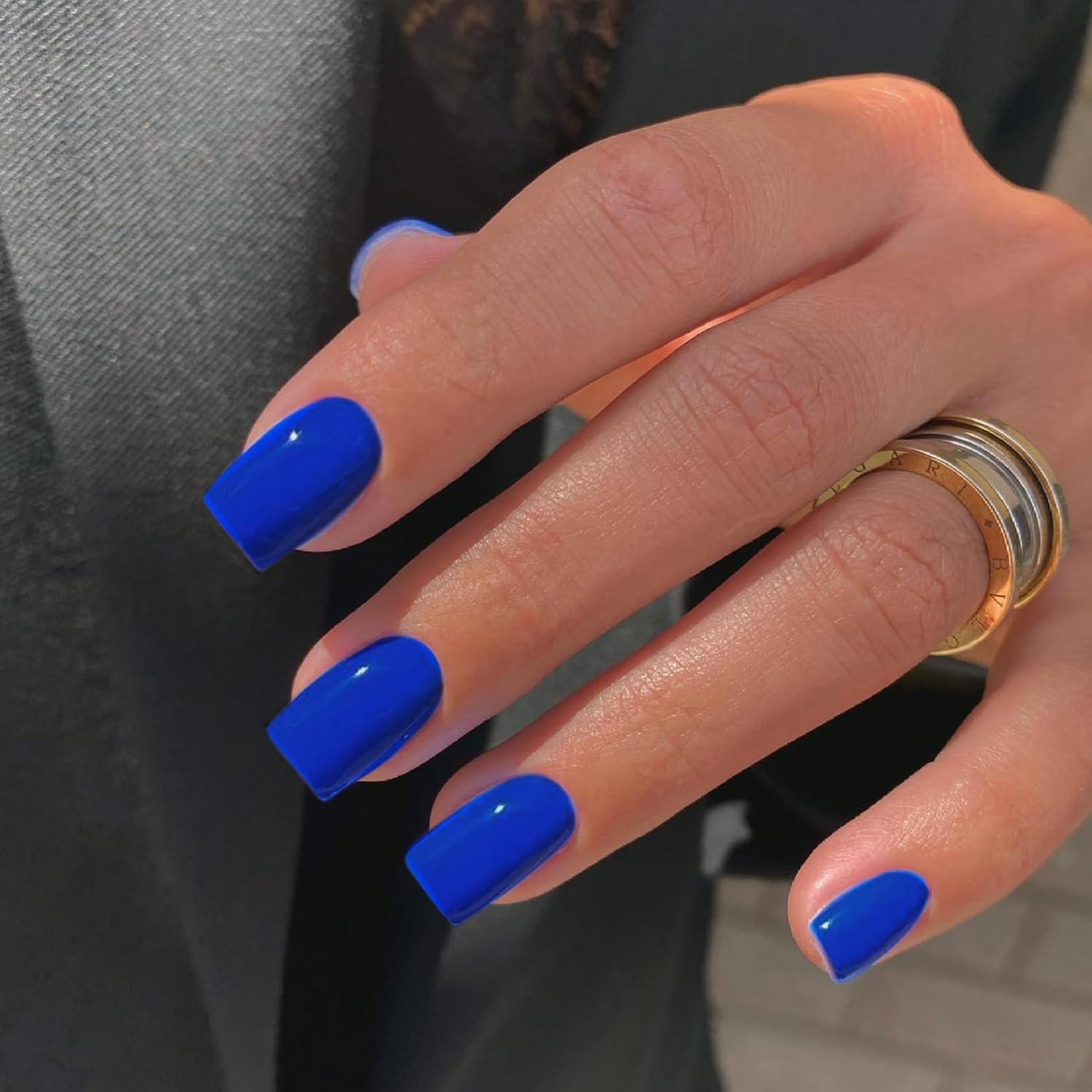 Royal Blue Press on Nails Short Medium Square Glue on Nails Set,KQueenest Solid Dark Color Fake Nails Short Coffin Acrylic Nails Press on Gel Nails for Women Reusable False Nails in 24 Pcs