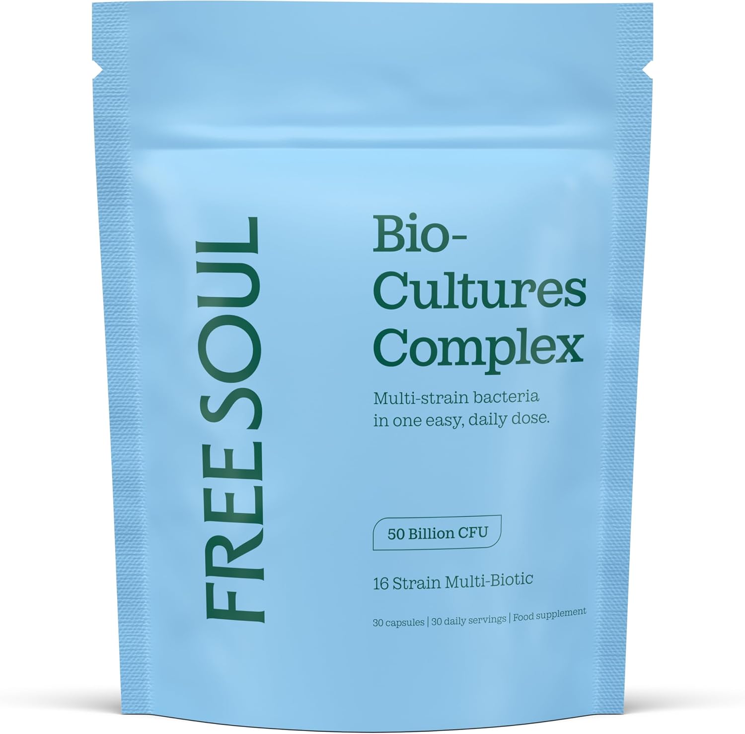 Free Soul 50 Billion CFU Pro Bio Cultures Complex with 16 Live Strains | Advanced Single Capsule Serving with Multi Strain Formula | Vegan Digestive Enzyme Supplement for Gut Health | 30 Capsules