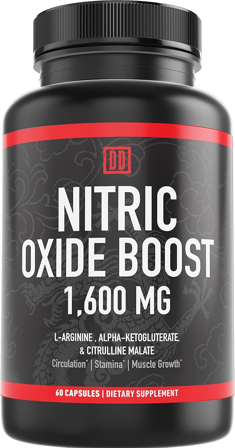 Nitric Oxide Booster Supplement, 1600mg Extra Strength L-Arginine, Citrulline Malate, and Alpha-Ketoglutarate (60 Count, 1 Bottle)