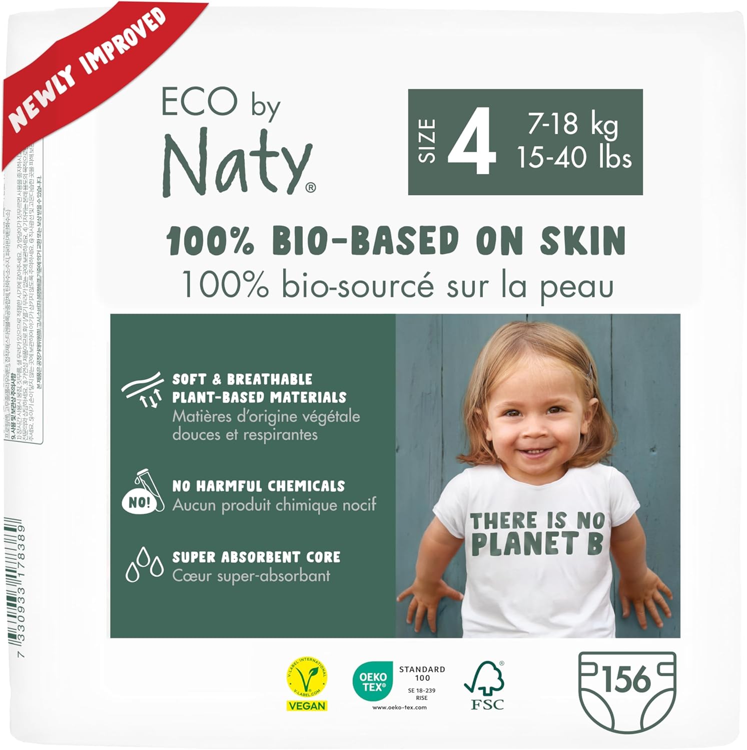 Eco by Naty Baby Nappies - 100% Plant-Based Materials on Skin, Soft, for Sensitive Skin & Super Absorbent (Size 4, 156 Count)