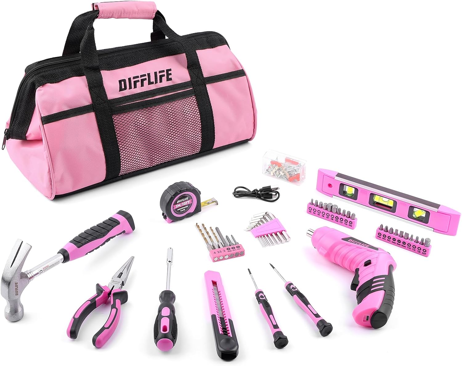 Pink Tool Set for Women, 126-Piece Lady's Power Screwdriver Cordless Rechargeable Set Home Repairing Tool Set with 13-Inch Wide Mouth Open Storage 126PCS 3.6V Electric Screwdriver Tool Bag