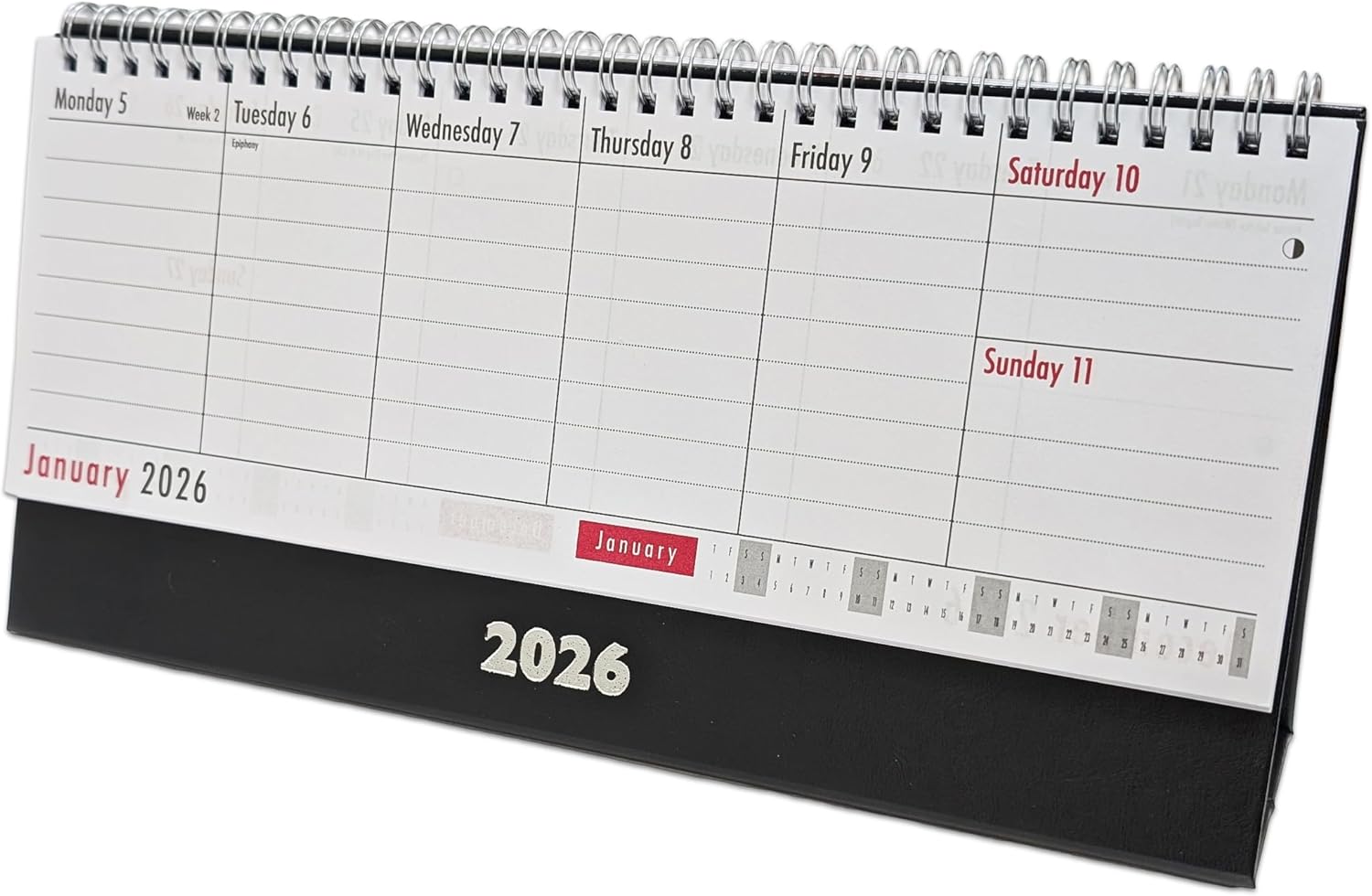 2026 Desk Calendar Week to View – Free Standing Flip Desktop Planner – Wiro Bound Weekly Diary Planner with UK Bank Holidays & Notes – Stand Up Calendar 29cm x 14.5cm – Ideal for Home, Office & Work