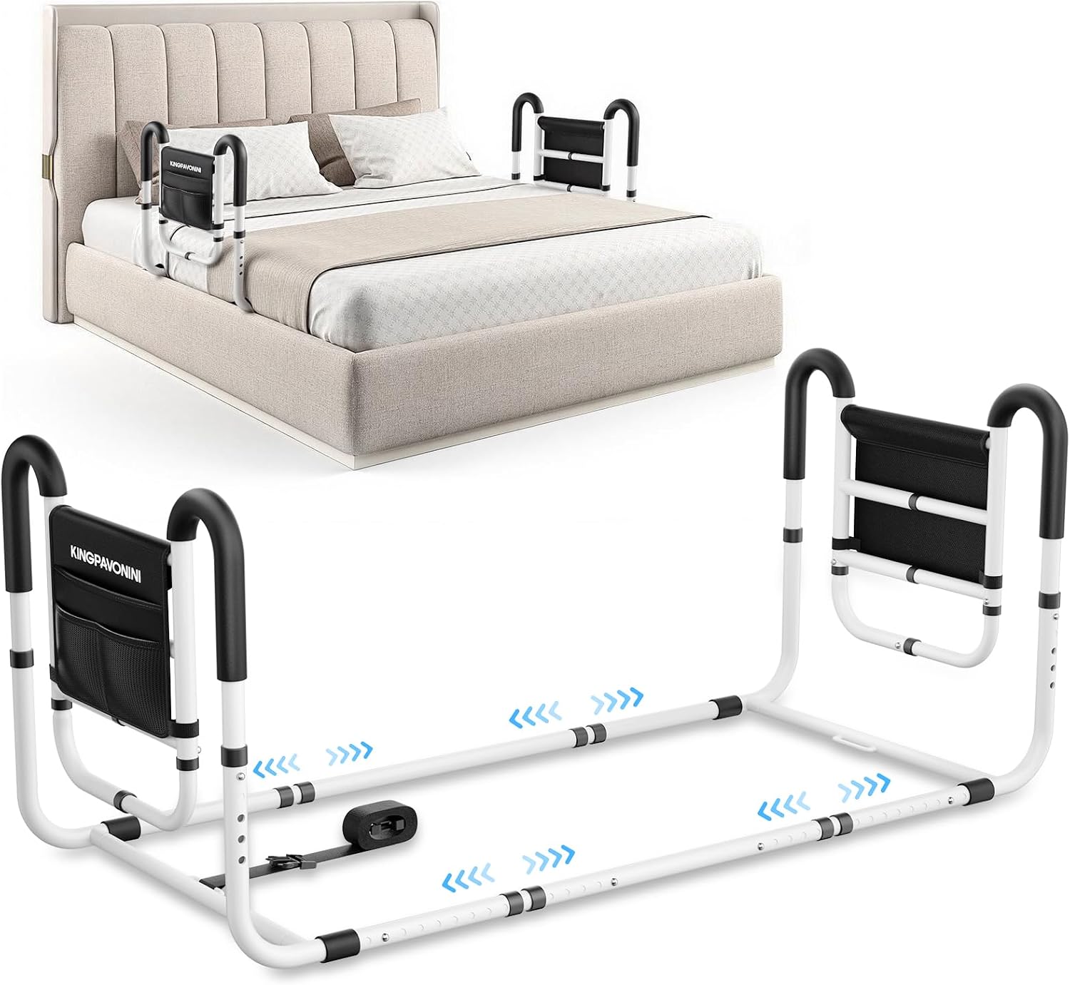 KingPavonini Dual Side Bed Rails for Seniors, 350 LBS Capacity, Model BM10 | ASTM-Approved Bed Rails for Elderly Adults Safety, Dual U-Handles & 4-Bar Anti-Tip, Storage Bag, Tool-Free, Fits Twin to King