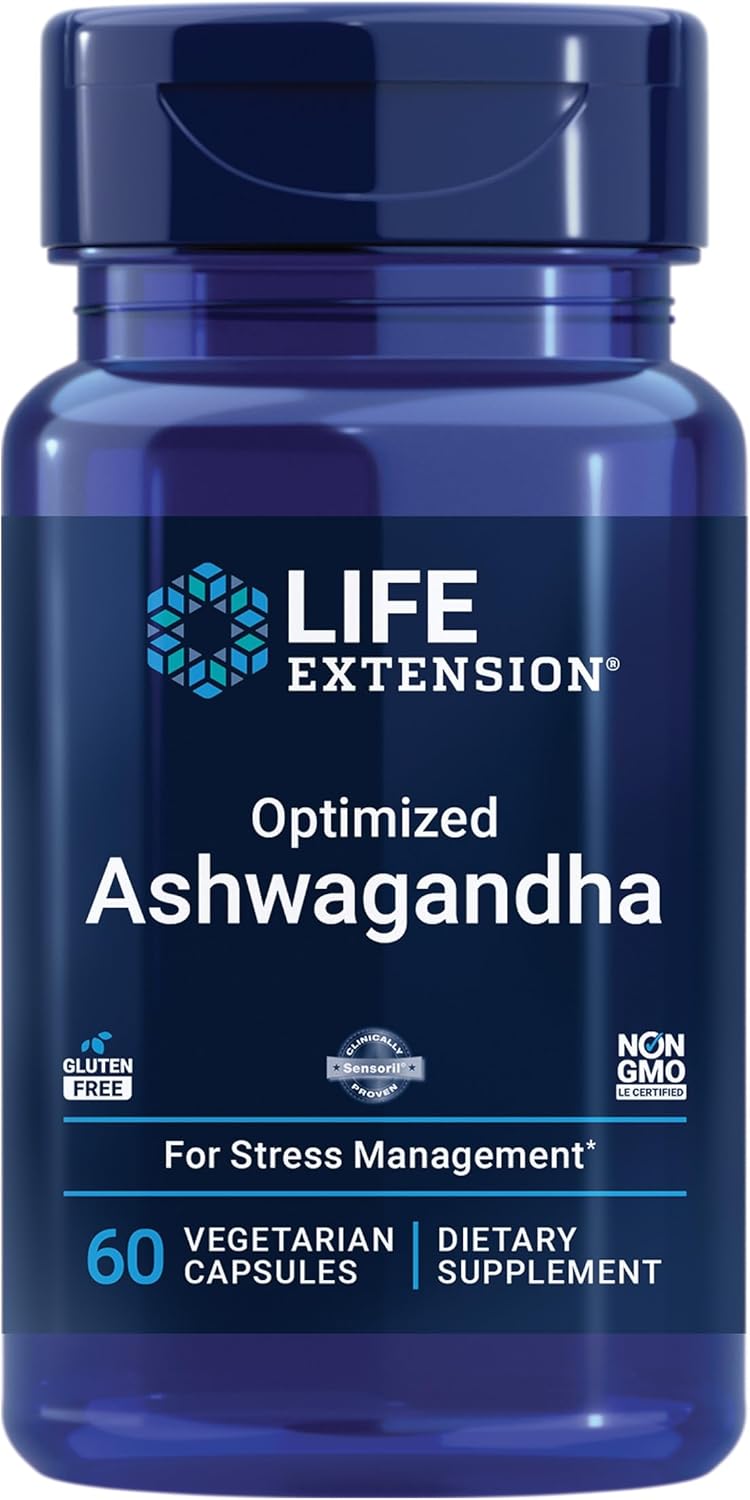 Life Extension Optimized Ashwagandha - Stress management supplement for a healthy stress response, focus, memory, stress relief - vegetarian, gluten-free, non-GMO, 60 capsules