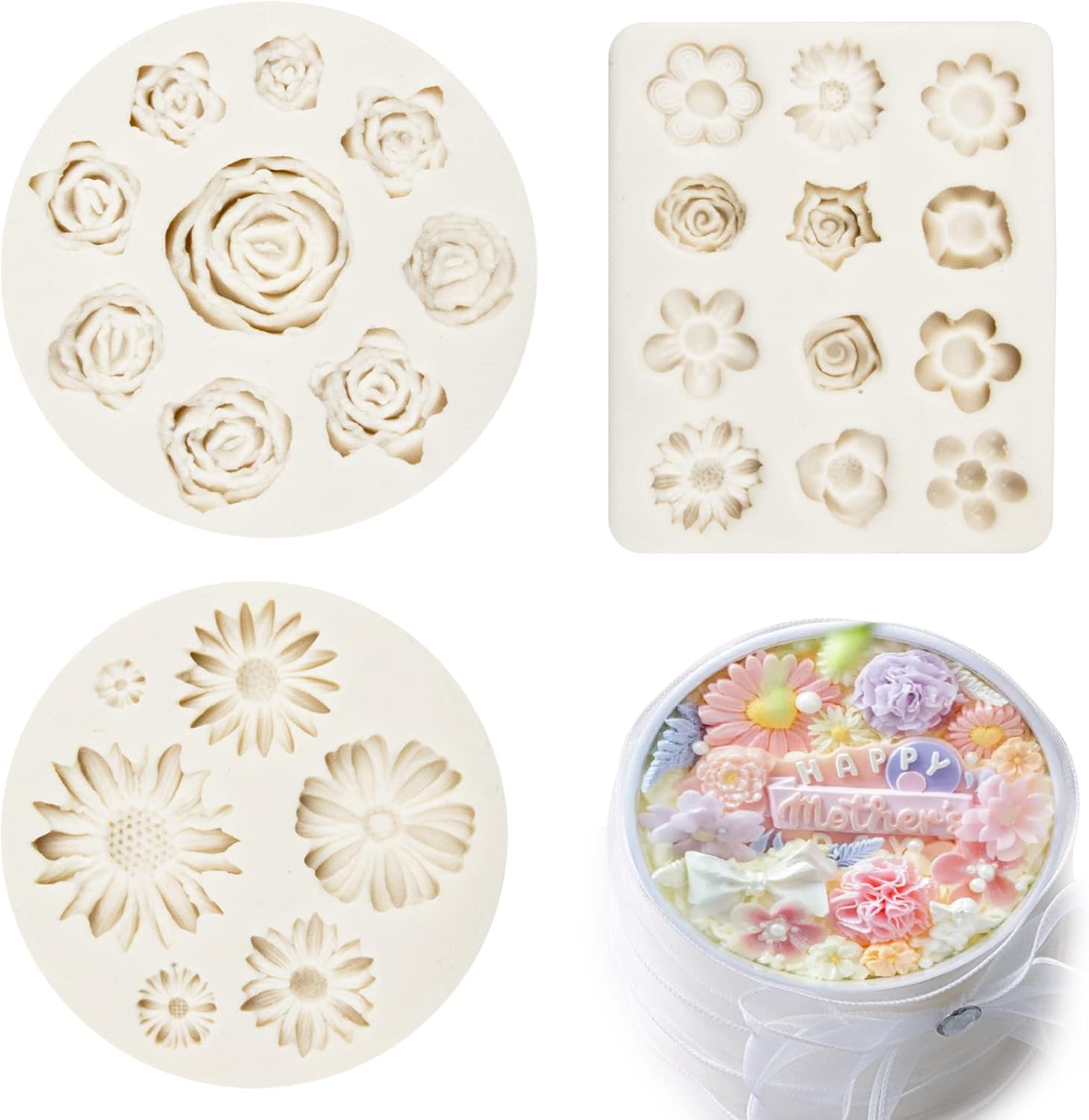 3 Pcs Flower Molds Flower Silicone Mold Flowers Fondant Mold Set Cake Baking Mold Sugarcraft Candy Chocolate Molds Polymer Clay Mold for DIY Soap Jewelry Casting DIY Crafting Projects