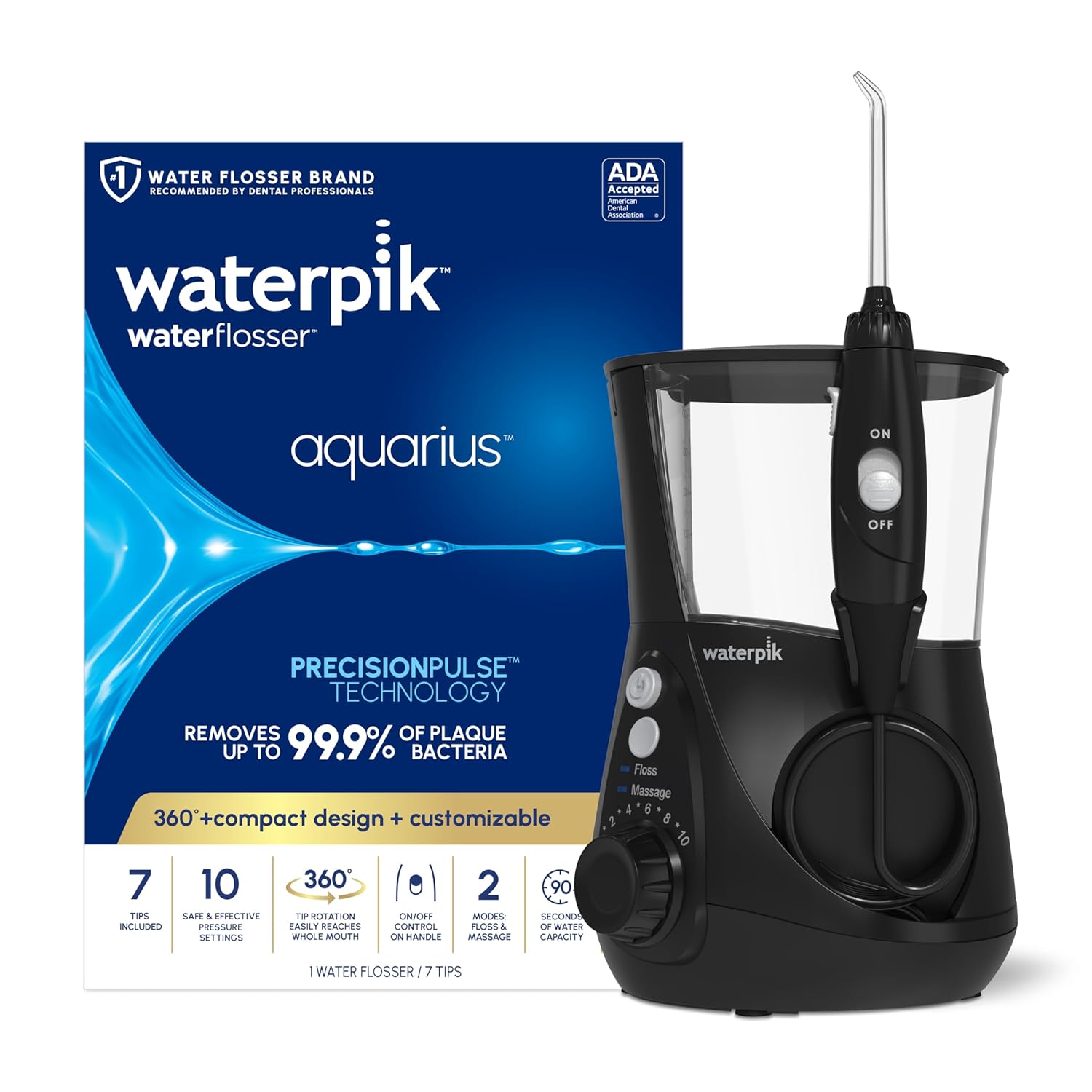 Waterpik Aquarius Water Flosser Professional For Teeth, Gums, Braces, Dental Care, Electric Power With 10 Settings, 7 Tips For Multiple Users And Needs, ADA Accepted, Black WP-662, Packaging May Vary