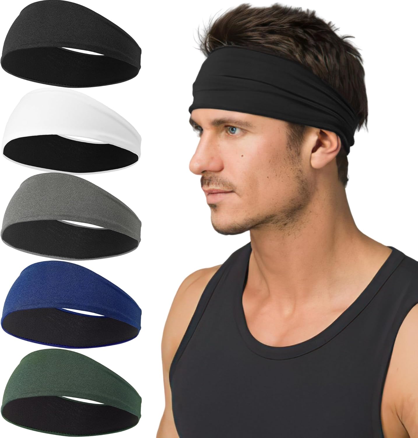 5 Pack Sports Headband for Men, Breathable Mesh Design, Reused & Washed Mens Headband Sweat Bands for Running Yoga Fitness Workout