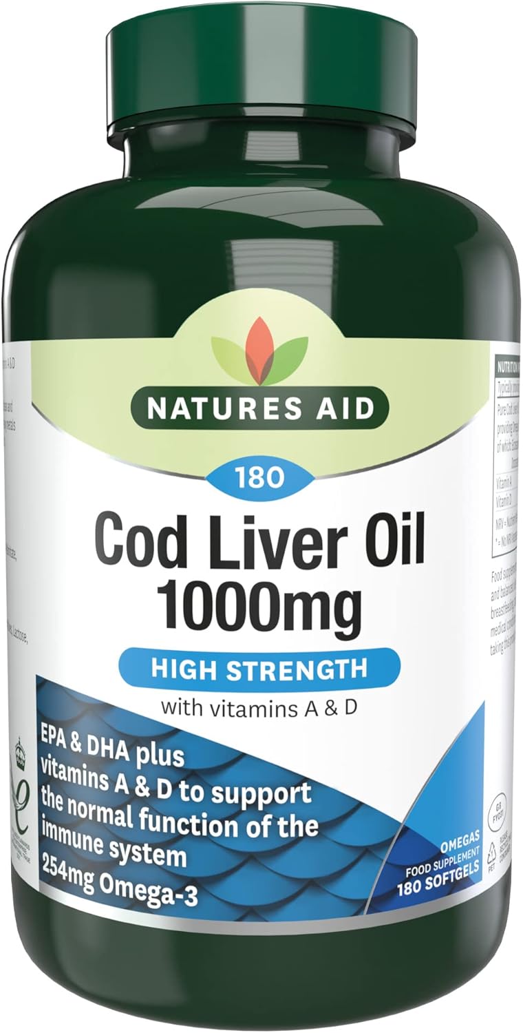 Natures Aid Cod Liver Oil 1000mg Softgels – High Strength Omega-3 Fish Oil with Vitamins A & D – Supports Immune System, Heart Health, Brain, Vision, Joints – Non-GMO – 180 Capsules