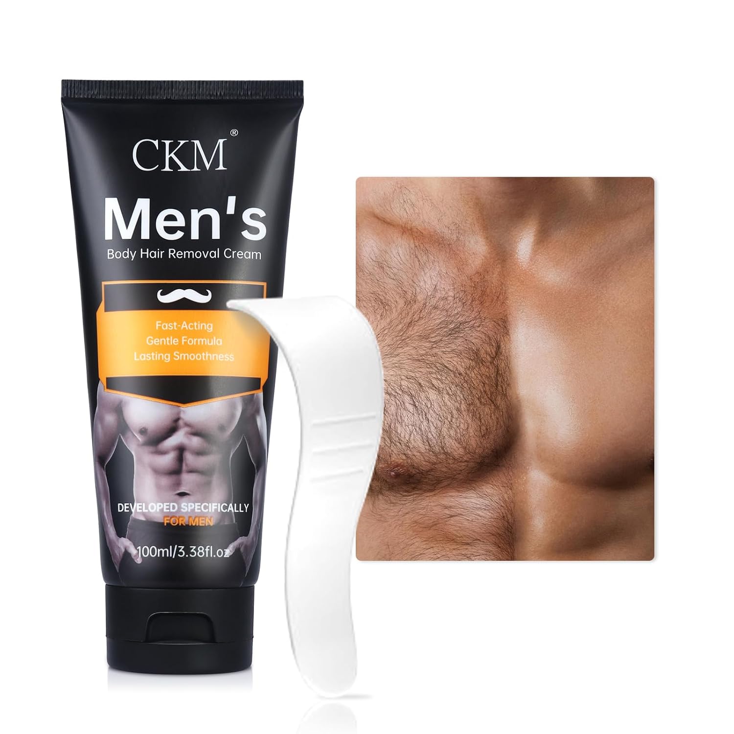 CKM Hair Removal Cream for Men, Depilatory Cream for Unwanted Male Hair, Painless Hair Removal Gel Suitable for All Skin Types, Made for Men, 3.38 FL OZ w/Spatula