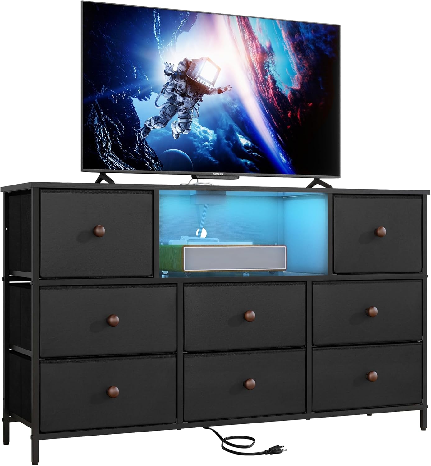 LYNCOHOME Black Dresser with Power Outlets and LED Lights, 43" W Dresser TV Stand with 8 Drawers, Fabric Chest of Drawers for Bedroom, Living Room, Entryway