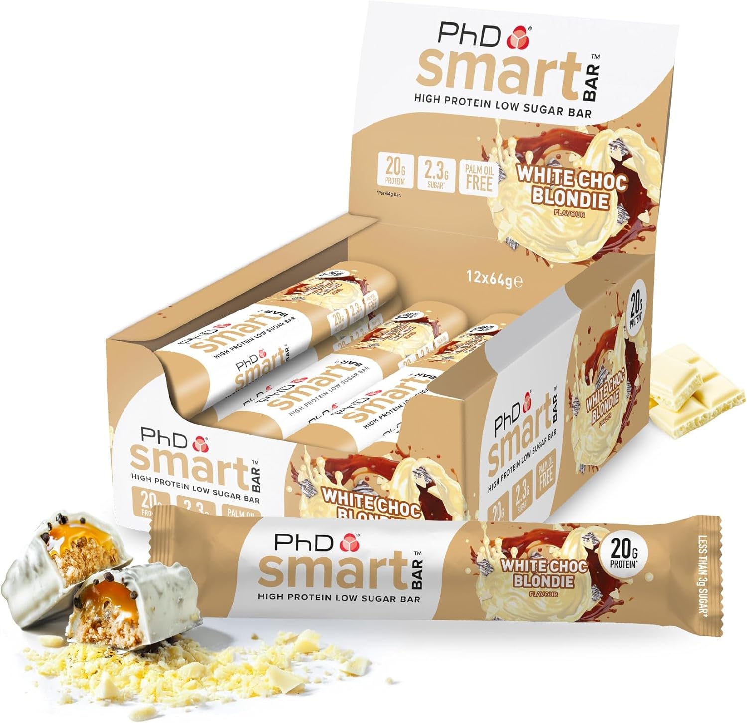 PhD Nutrition Smart Protein Bar Low Calorie, Nutritional Protein Bars/Protein Snacks, High Protein Low Sugar, White Chocolate Blondie Flavour, 21g of Protein, 64g Bar (12 Pack)