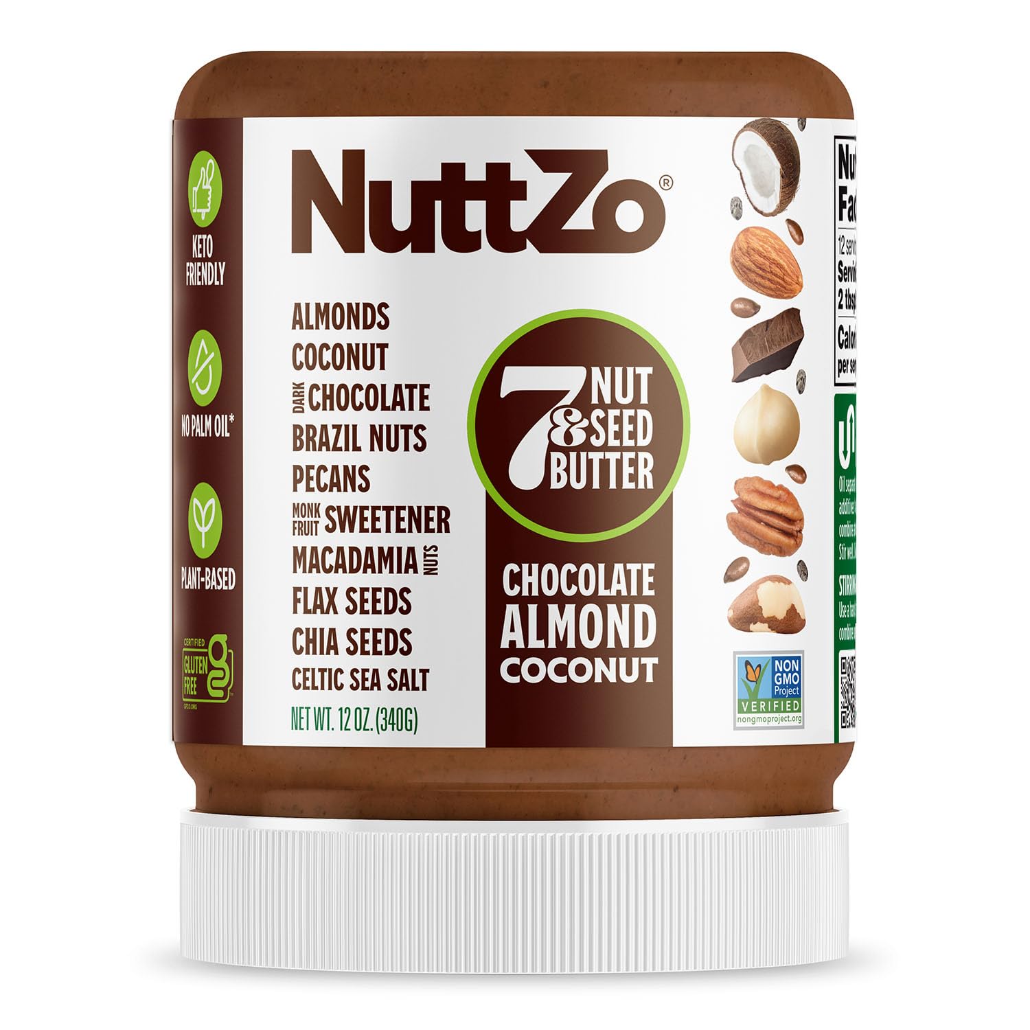 NuttZo Keto Chocolate Almond Coconut - 7 Nut And Seed Butter, Coconut, Brazil Nuts, Almonds, Pecans & More, Keto Friendly, Only 1g Sugar, No Added Oil, Non-GMO, Dark Chocolate, 2g Net Carbs, 12 oz Jar