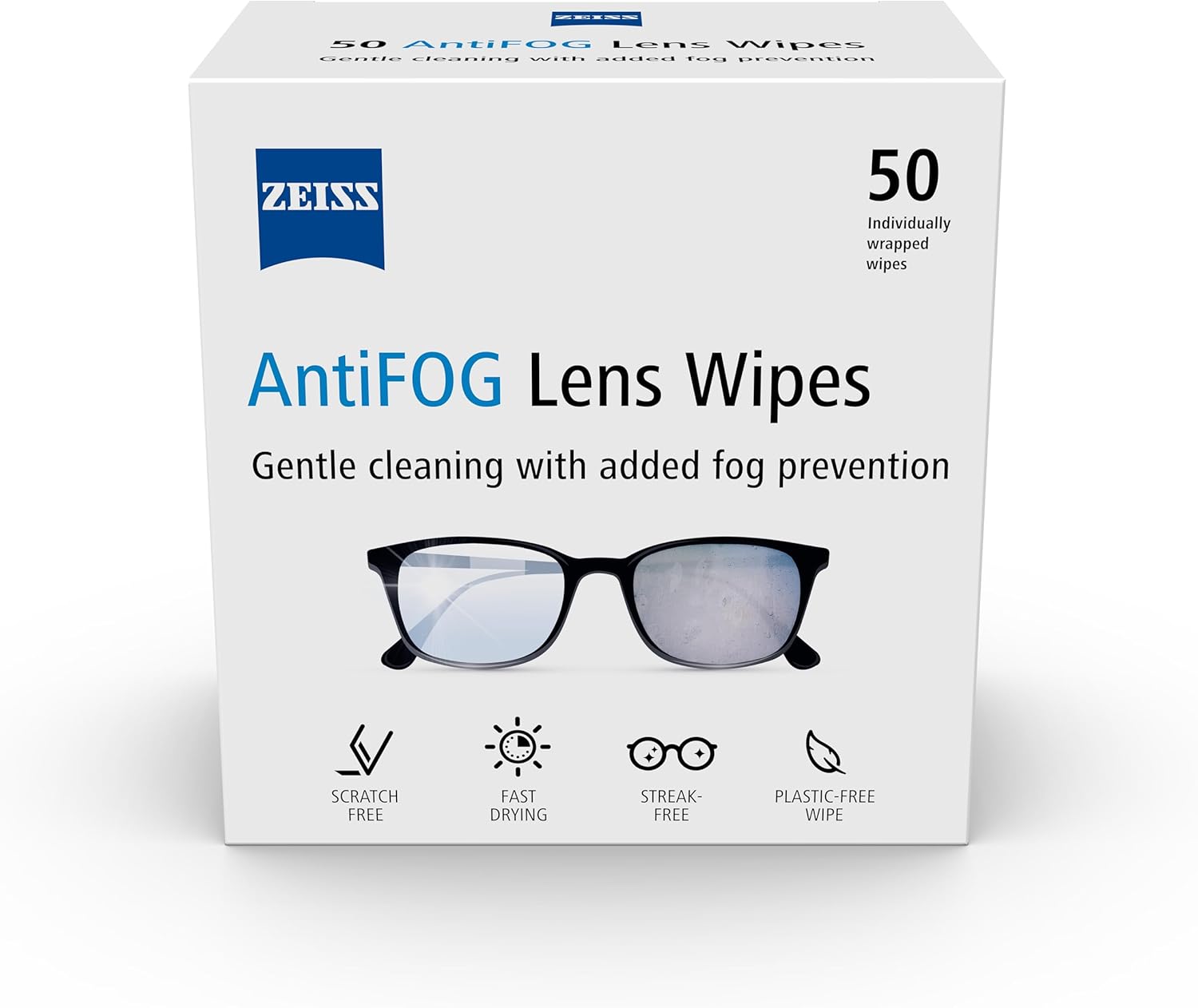 ZEISS AntiFOG Wipes, Lens Cleaner for Glasses, Cameras & Binoculars, Individually Packed Single Use Disposable Cloths in Sachets, for Handy and Portable Spectacle Cleaning On The Go – Pack of 50