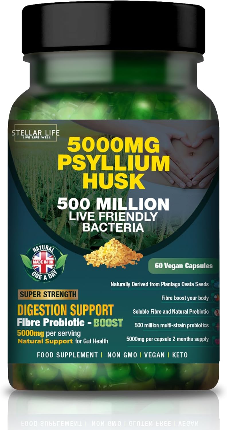 Fibre Supplement 5000mg Psyllium Husk with 500 Million Multi-Strain Probiotic - High Strength - Natural Soluble Fiber Supplement Plantago Ovata Seeds 2 Month Supply Psyllium Husks Capsules Vegan, UK