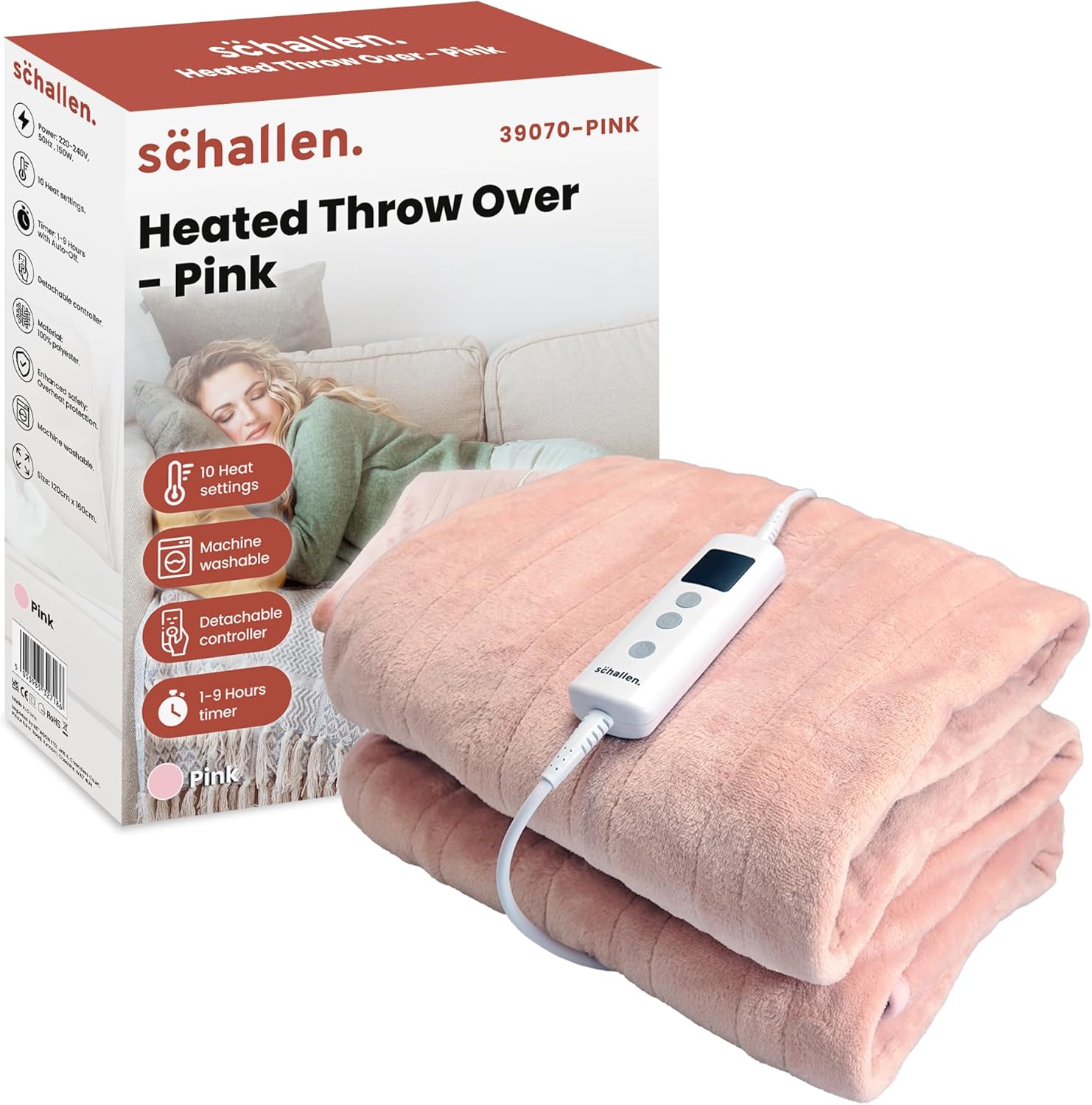 Schallen 120x160cm Luxury Soft Heated Warm Throw Over Blanket with Timer and 10 Heat Settings (Pink)