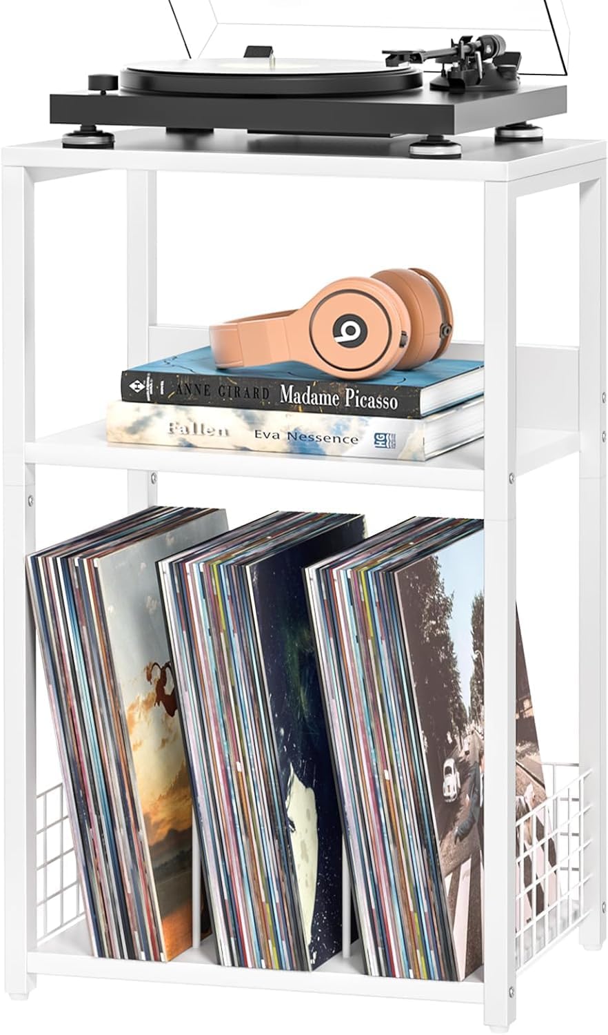 LELELINKY 3-Tier Vinyl Record Stand, Vintage Vinyl Shelf Side Table, Record Player Table with Storage Space for up to 100 Albums, Record Shelf Holder for Living Room and Office (White)