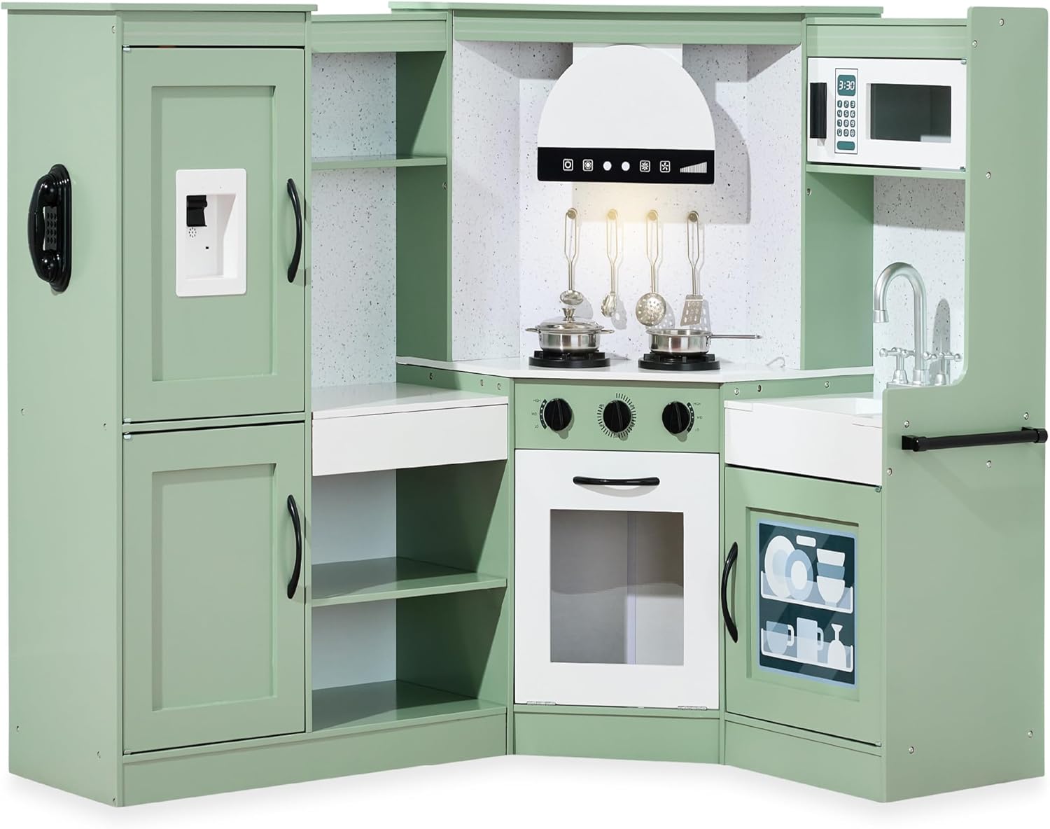 Best Choice Products Pretend Play Corner Kitchen, Ultimate Interactive Wooden Kids Playset w/Lights & Sounds, Ice Maker, Hood - Sage