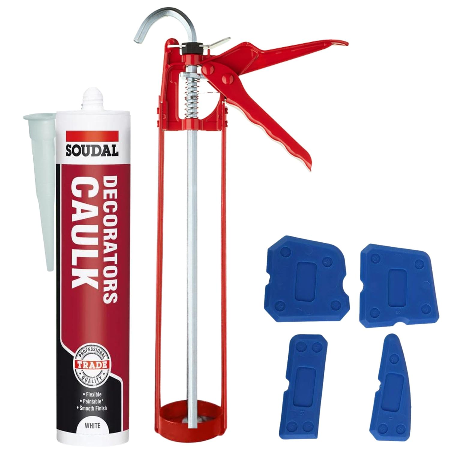 Decorators Caulk White Set - Bundle With Soudal White Caulk Gap And Crack Filler Acrylic Silicone Adhesive Sealant, Sealant Gun And Silicone Smoothing tool