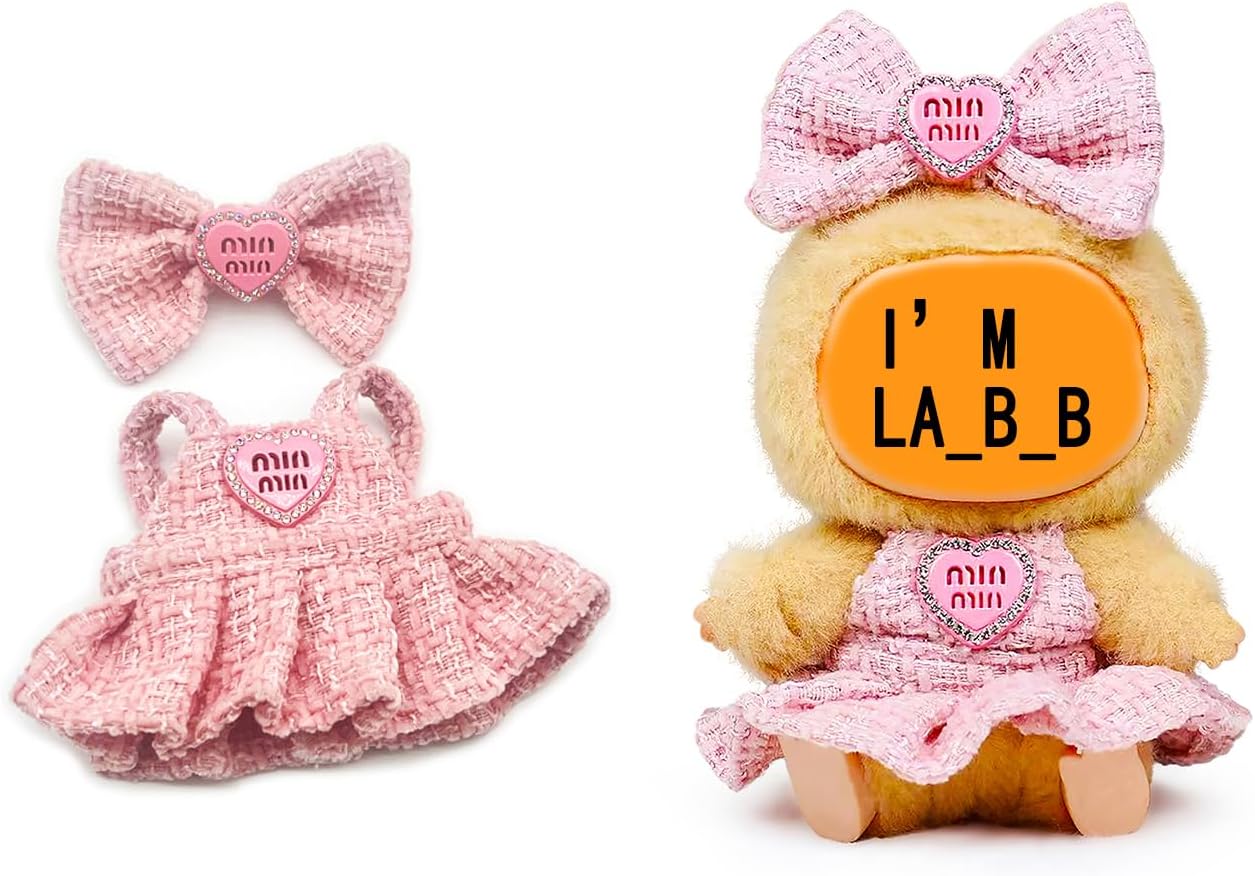 Decorative Dress for LABUBU, Fits 5.91-6.7 inch Labubu Dolls, Luxury Chic Style Set, High-End Fashion Accessories, Pink Heart Design with Rhinestones, Outfit Clothing Set
