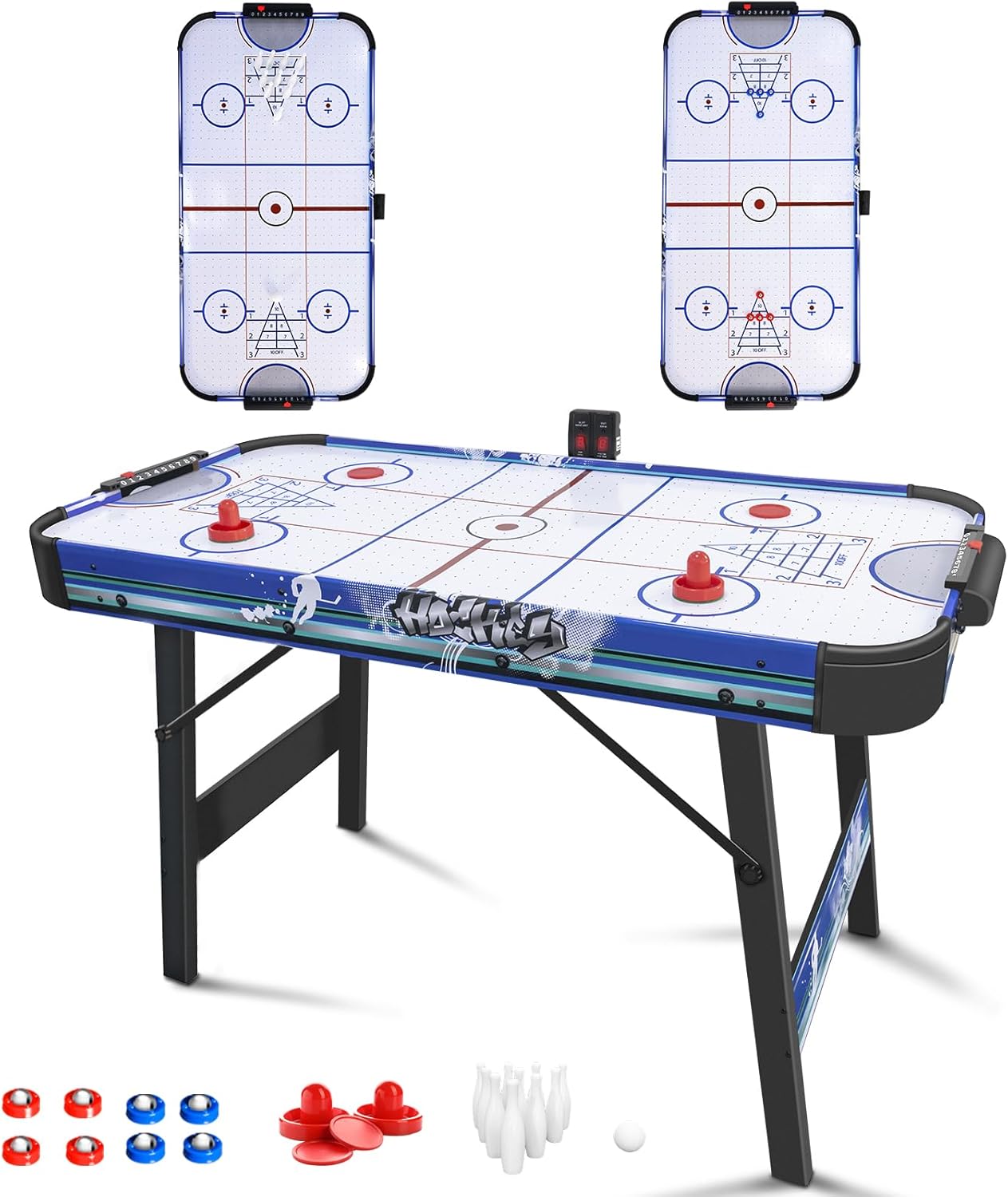 HLC 3 in 1 Air Hockey Table Foldable 4FT Powered Electronic Hockey Game Table with Shuffleboard,Bowling Indoor with All Accessories for Adults and Kids