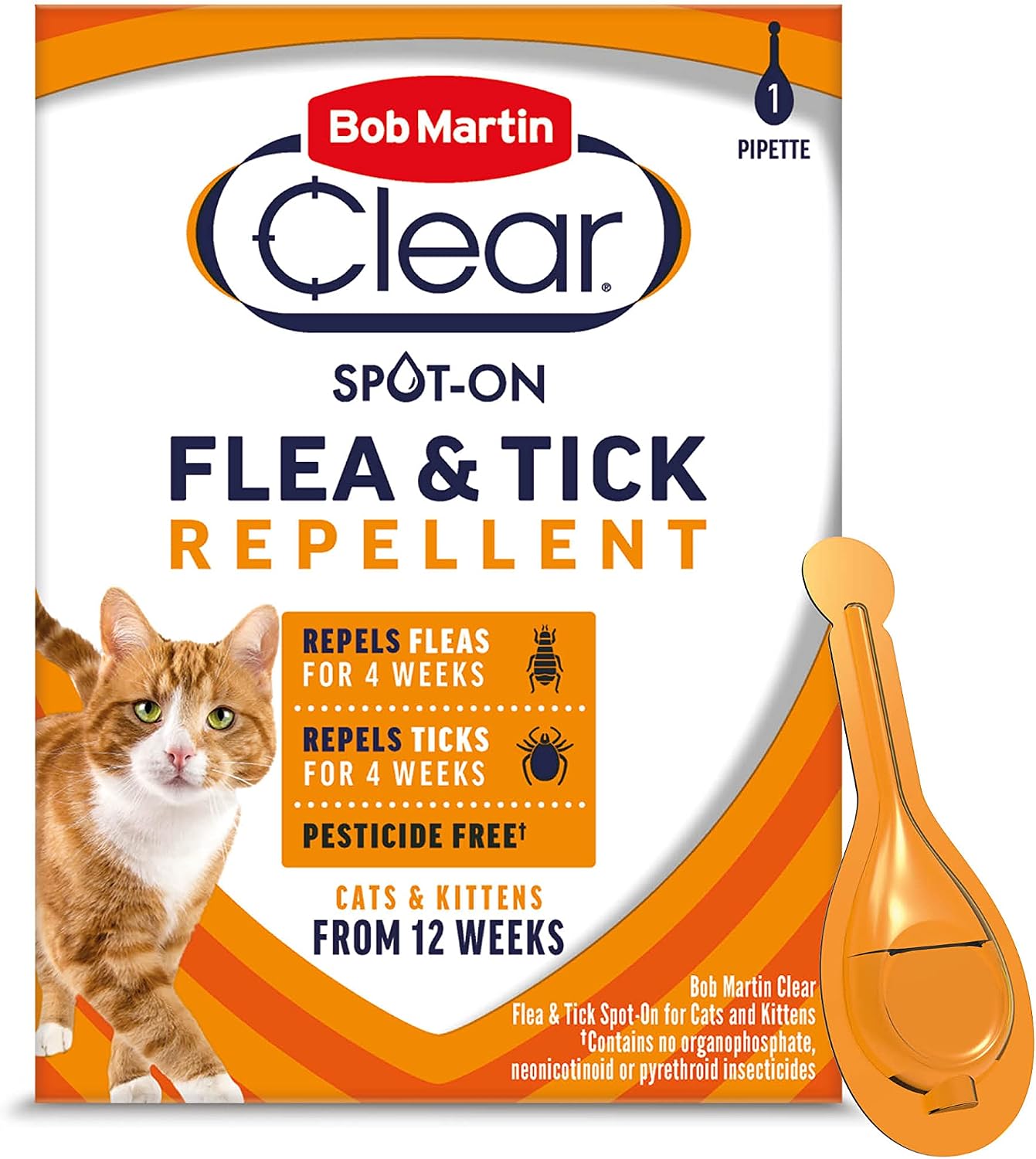 Bob Martin Clear Spot On Flea and Tick Repellent for Cats and Kittens - Pesticide-Free Protection (1 Pipette)