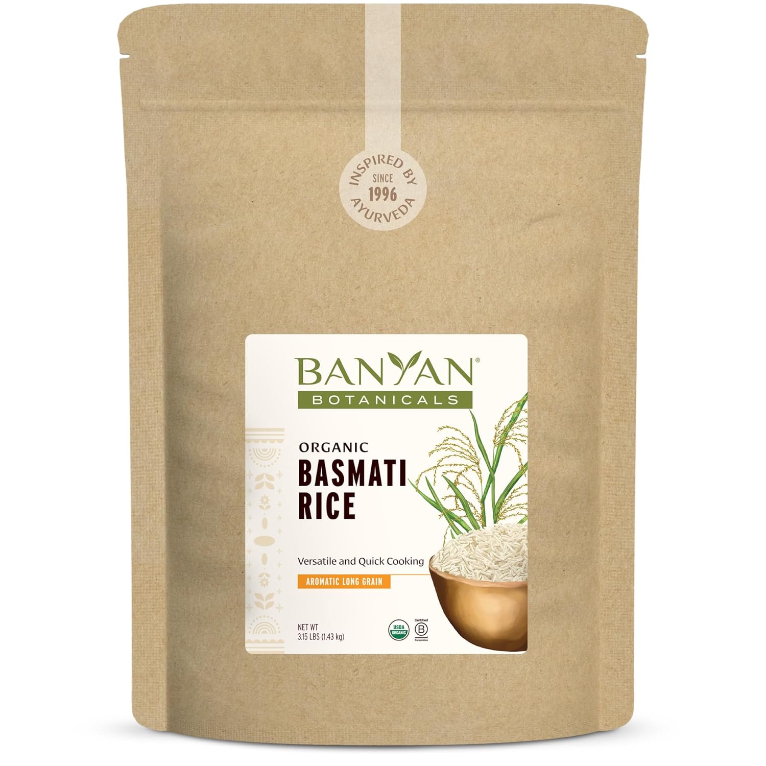 Banyan Botanicals White Basmati Rice – Organic & Pure Basmati Rice for Cooking Healthy Meals and Making Kitchari – With Resealable Zipper Bag – 3.15 lbs – Non-GMO Sustainably Sourced Vegan