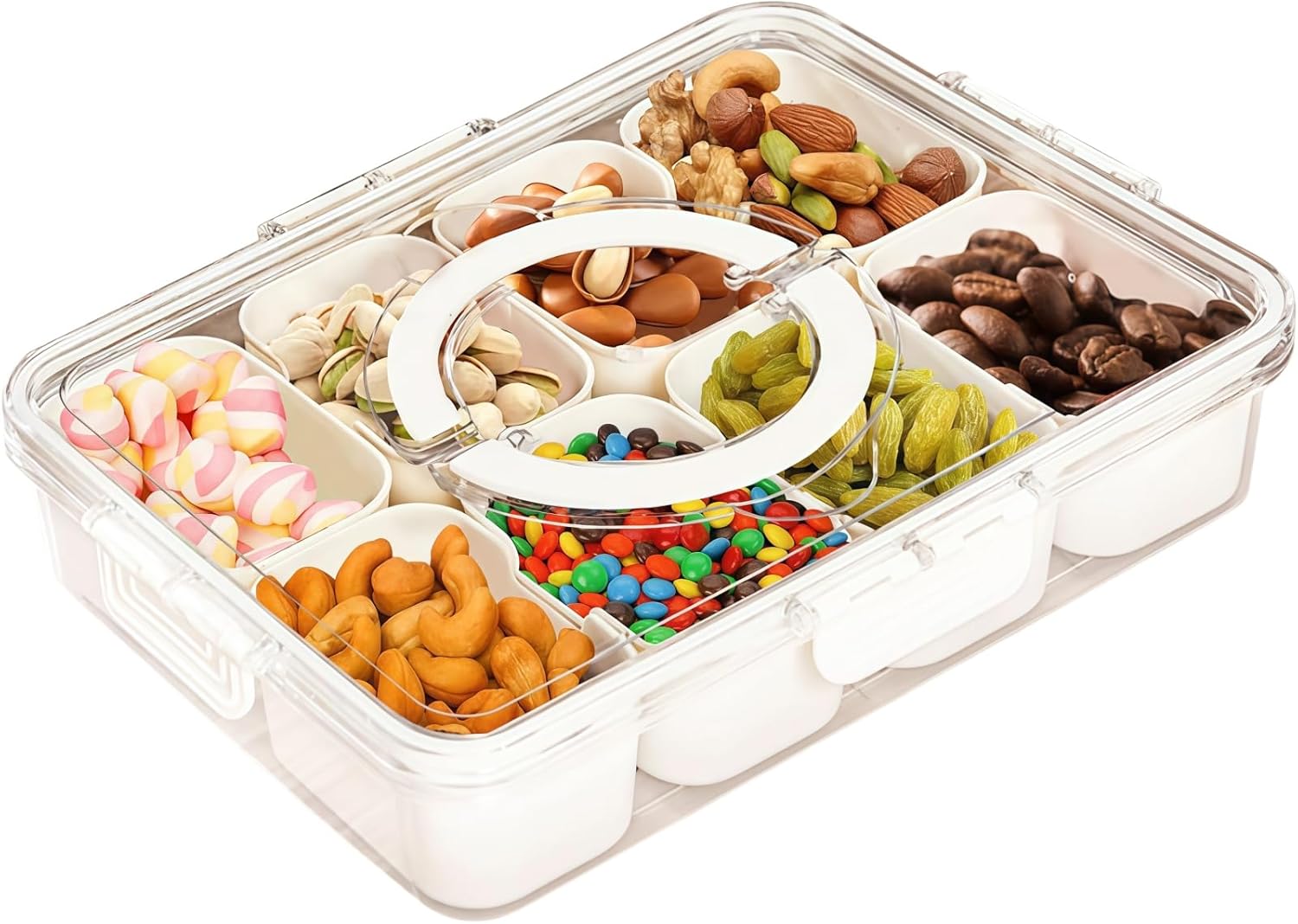 Longzhuo Divided Serving Tray with Lid and Handle, Portable Food Storage Container, Snack Tray 8 Removable Compartment Box Clear Organizer for Veggie, Candy, Fruit, Snacks