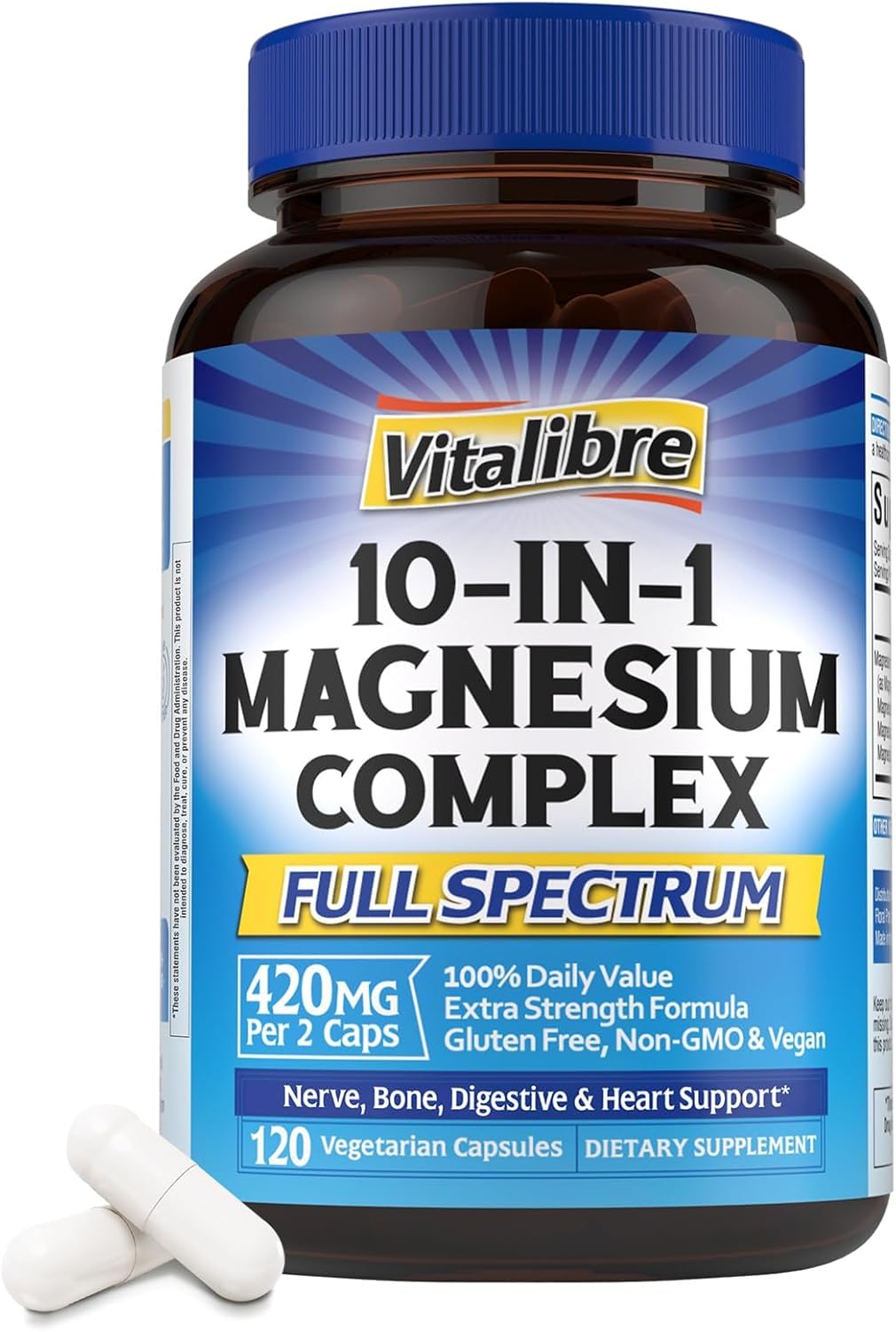 10 in 1 Magnesium Complex, 420mg Elemental Magnesium | Ultra Strength, Max Absorption | Chelated Magnesium Supplement for Sleep, Nerves & Heart Health | Non-GMO, 120 Vegan Capsules